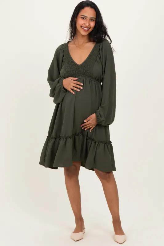 Olive Long Sleeve V-Neck Tiered Maternity Midi Dress sold by Pinkblush
