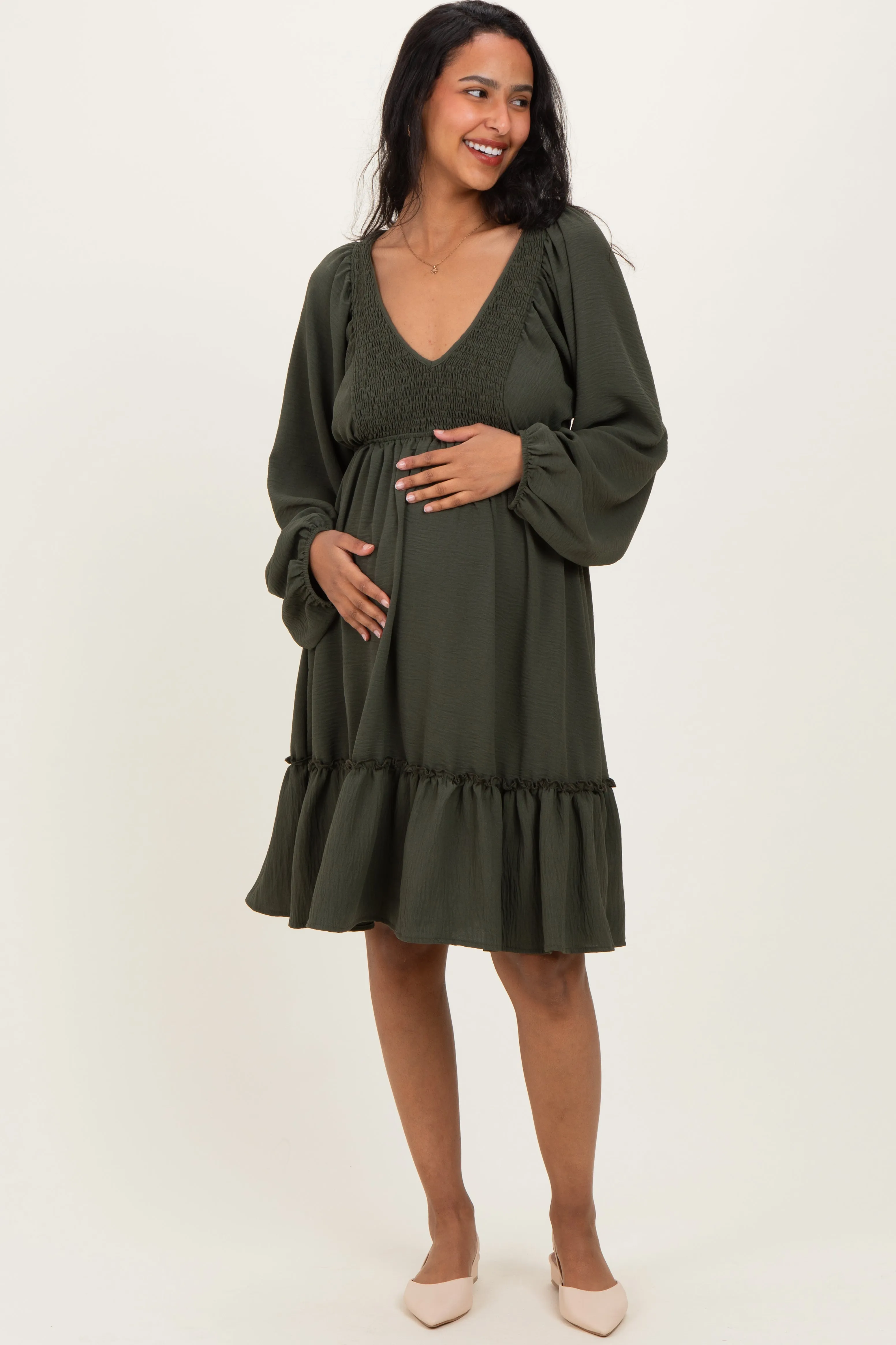 Olive Long Sleeve V-Neck Tiered Maternity Midi Dress sold by Pinkblush product image thumbnail 2