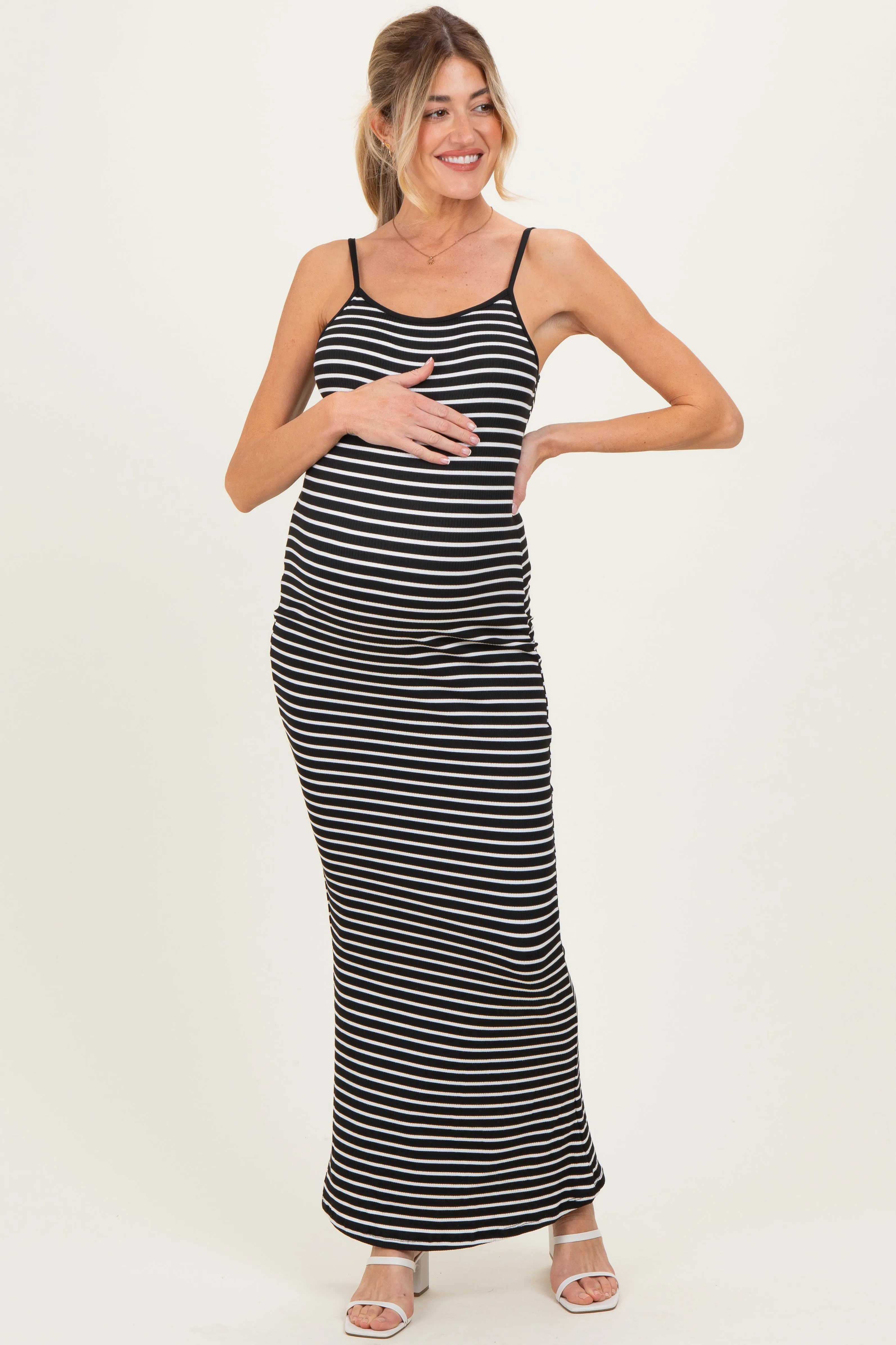 Black Ribbed Knit Striped Sleeveless Maternity Maxi Dress sold by Pinkblush product image thumbnail 2