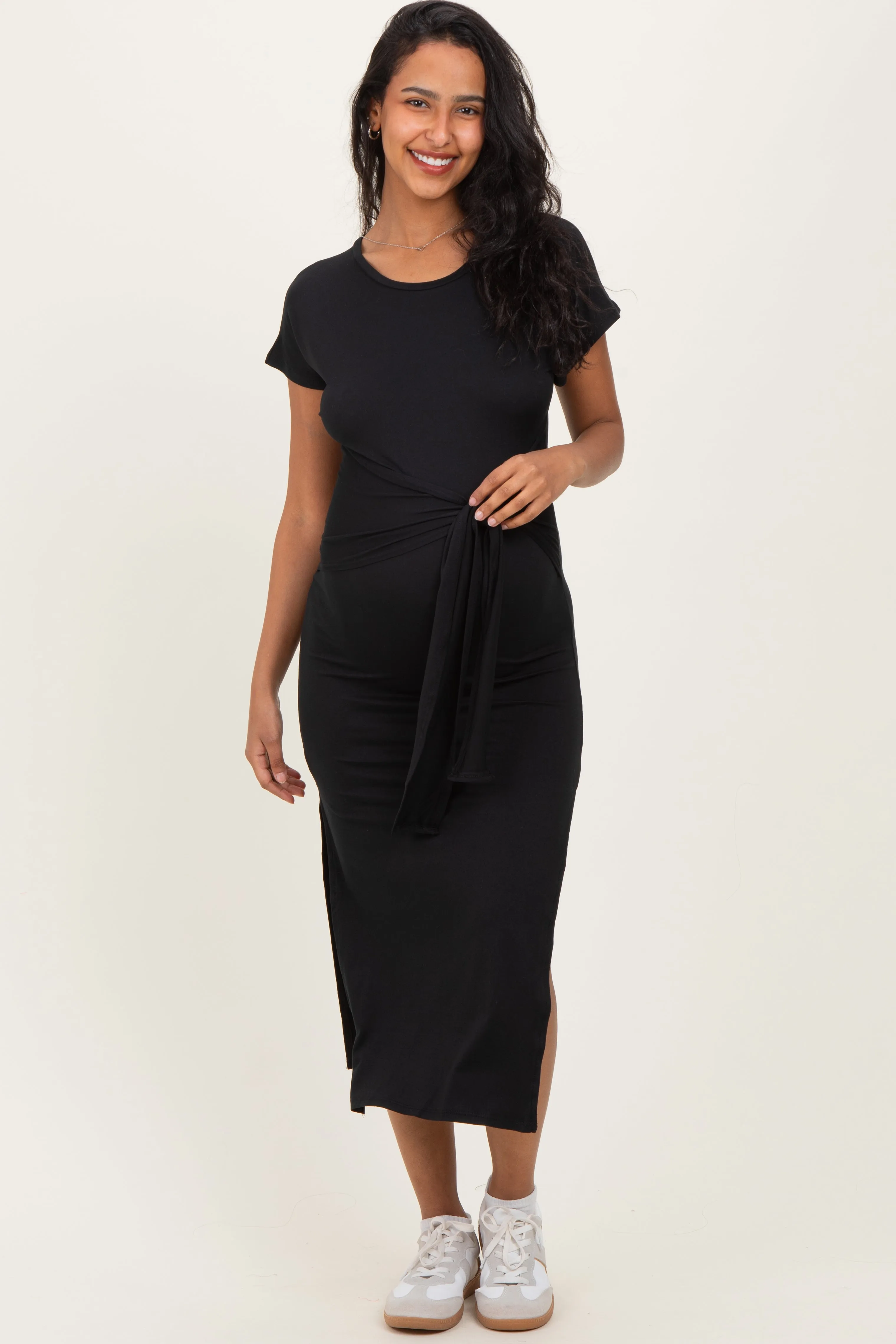 Black Waist Tie Short Sleeve Side Slit Maternity Dress sold by Pinkblush product image thumbnail 2