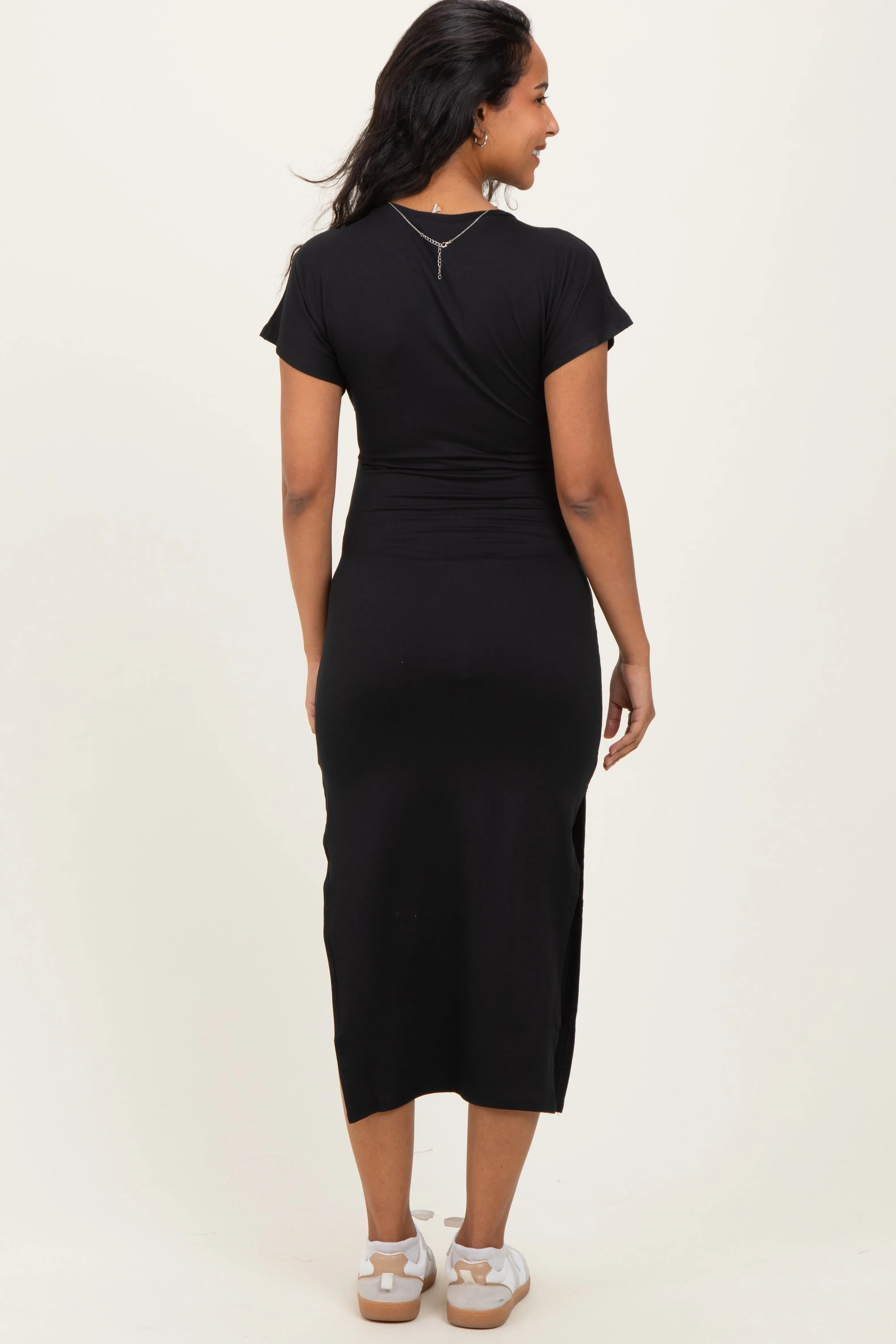 Black Waist Tie Short Sleeve Side Slit Maternity Dress sold by Pinkblush product image thumbnail 4