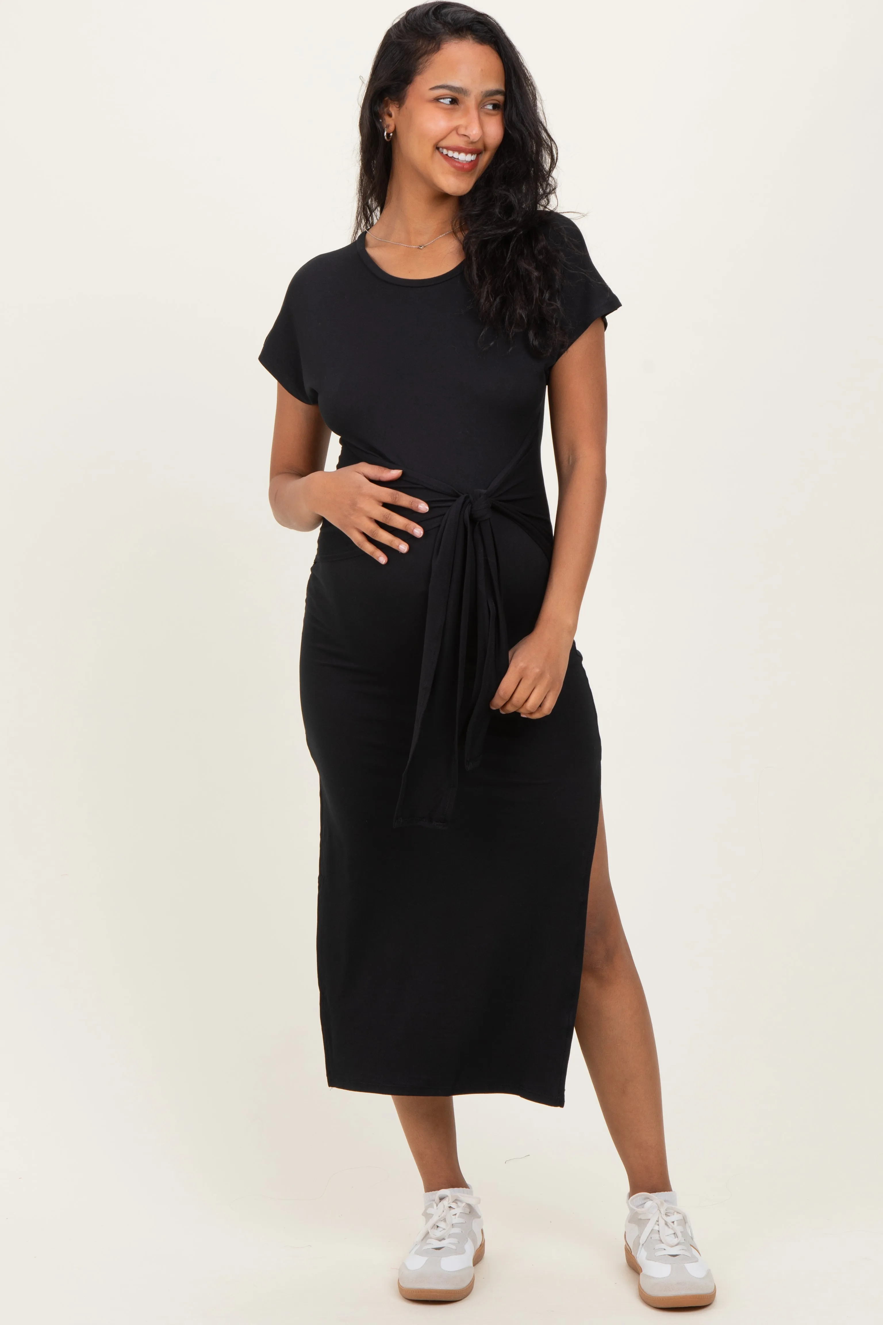 Black Waist Tie Short Sleeve Side Slit Maternity Dress sold by Pinkblush