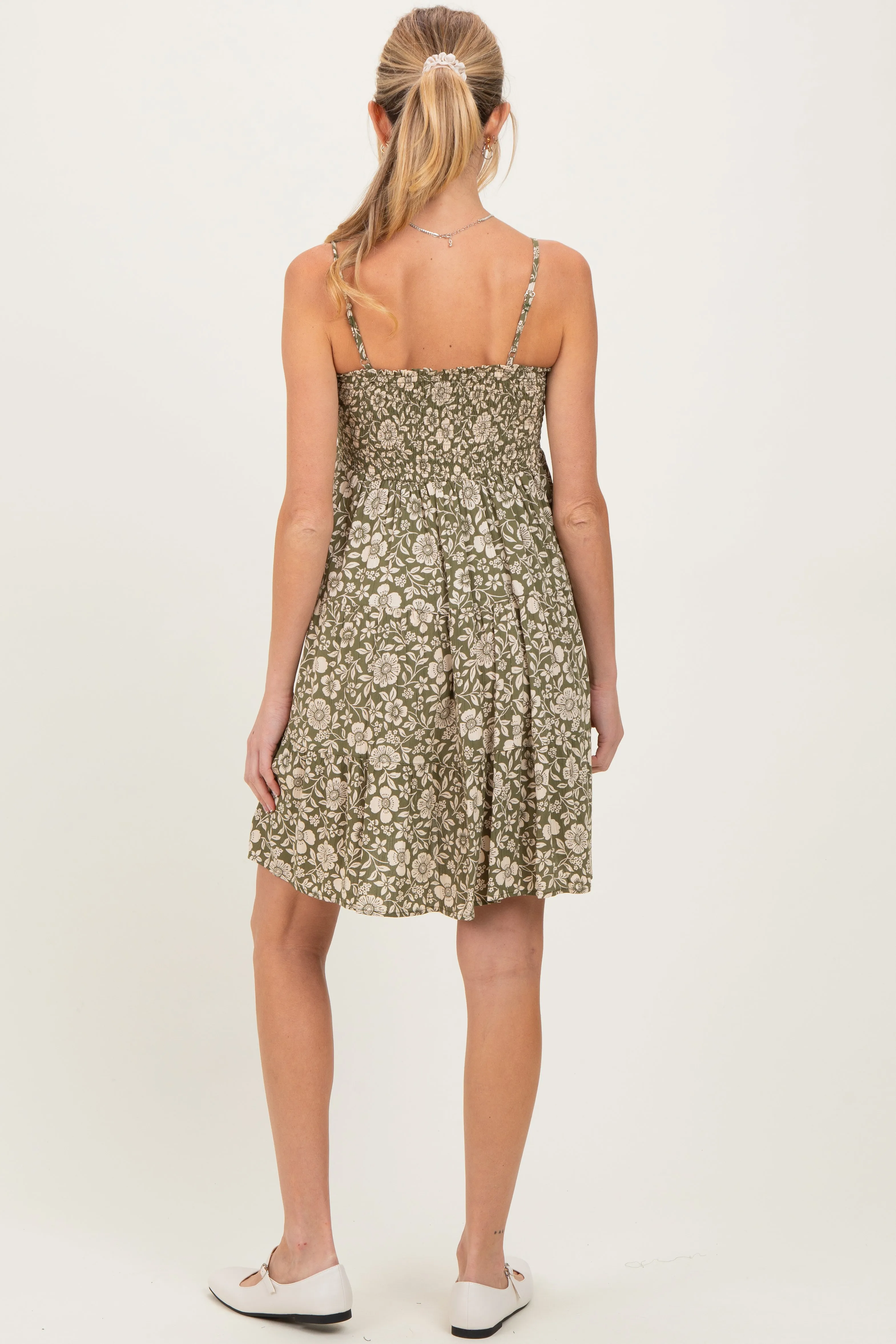 Olive Floral Smocked Sleeveless Maternity Mini Dress sold by Pinkblush product image thumbnail 4