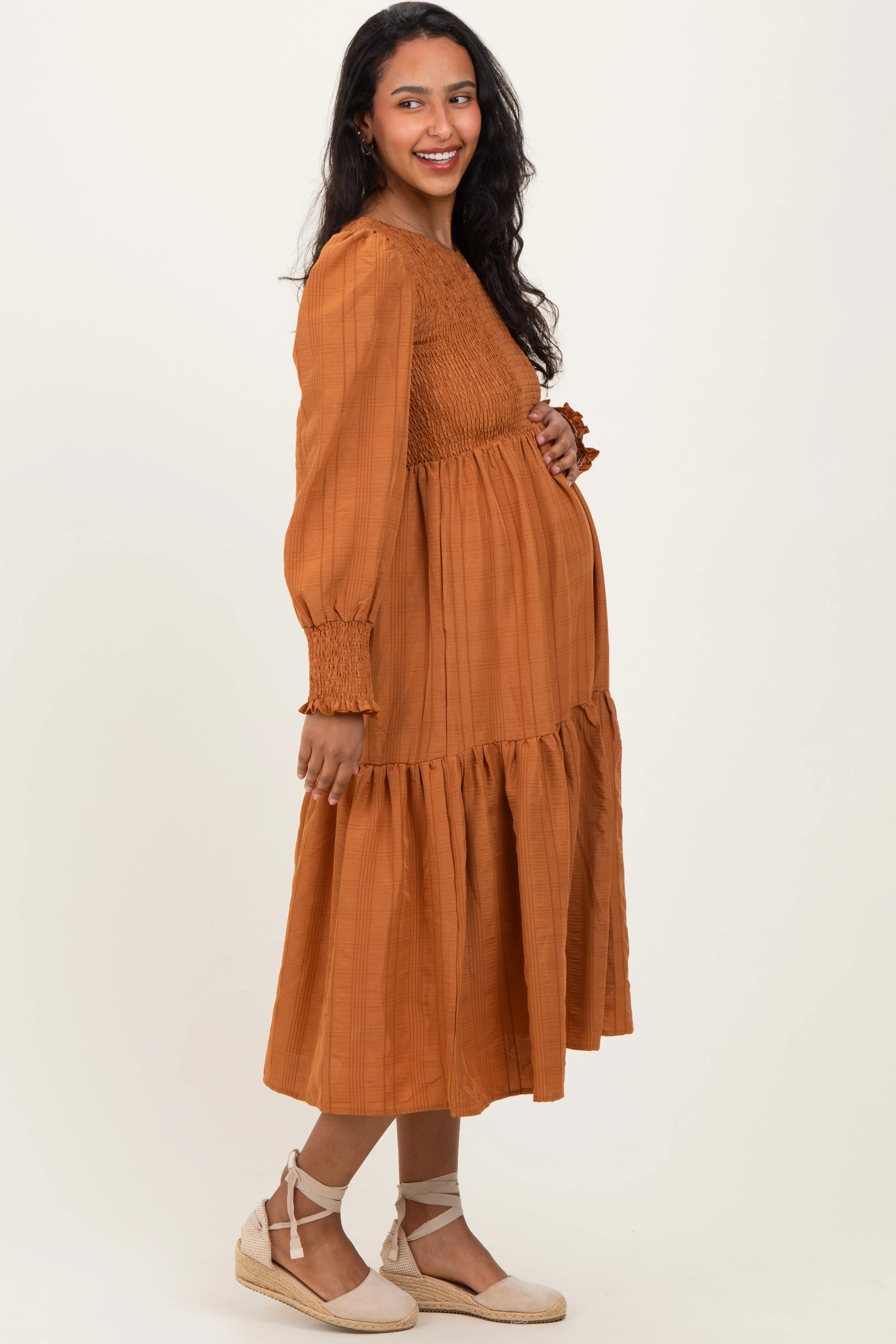 Copper Textured Stripe Smocked Maternity Midi Dress sold by Pinkblush product image thumbnail 2