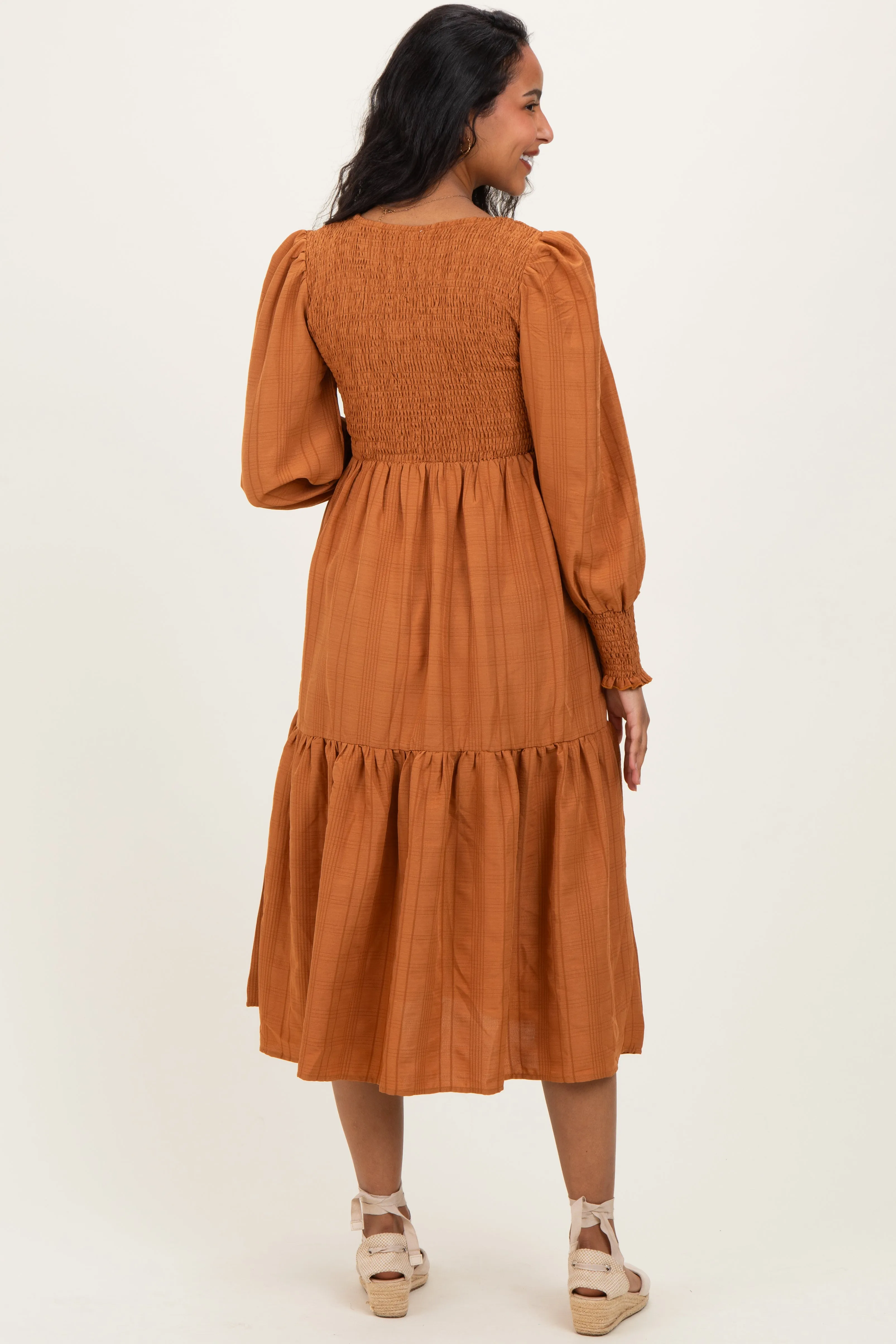 Copper Textured Stripe Smocked Maternity Midi Dress sold by Pinkblush product image thumbnail 3