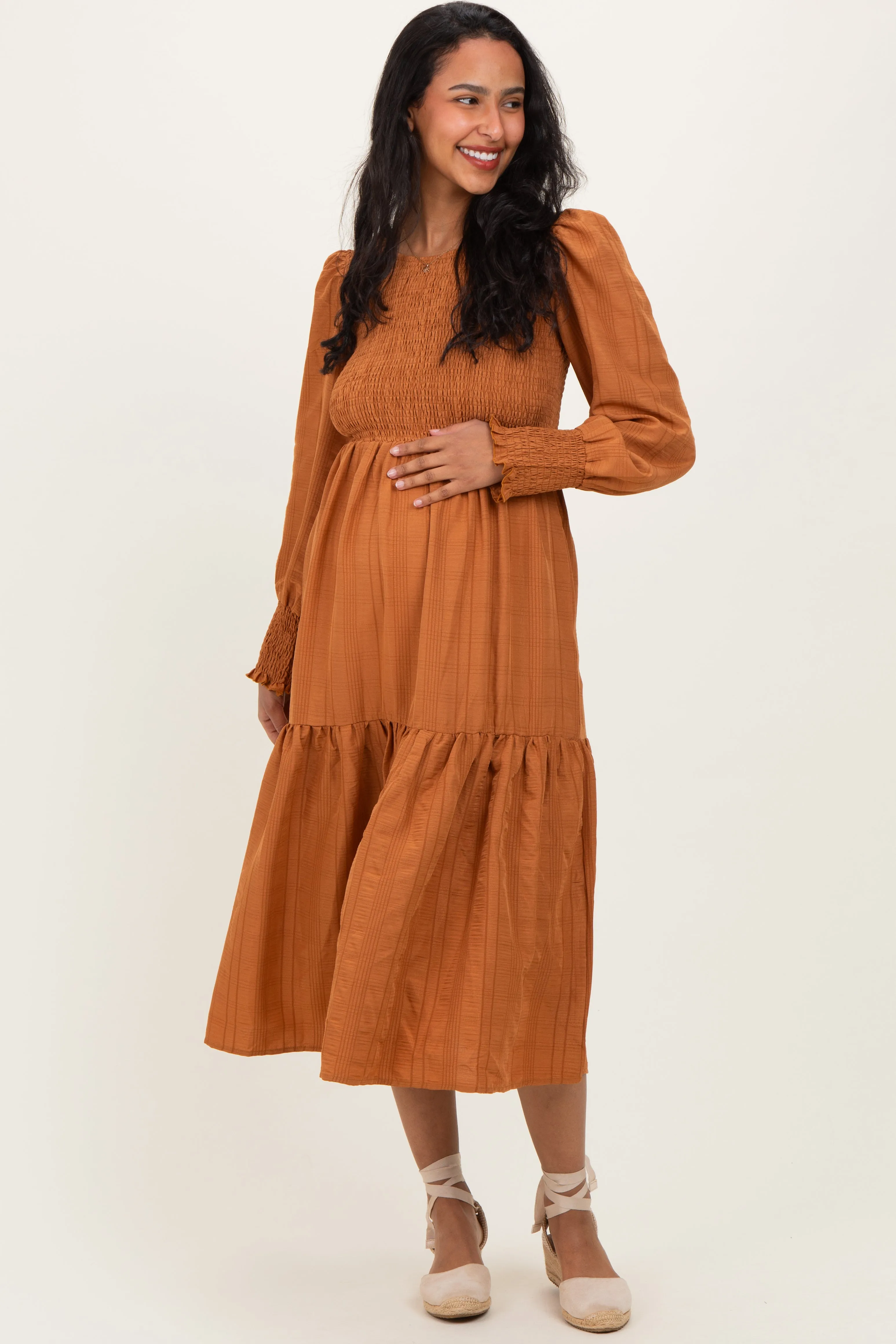 Copper Textured Stripe Smocked Maternity Midi Dress sold by Pinkblush