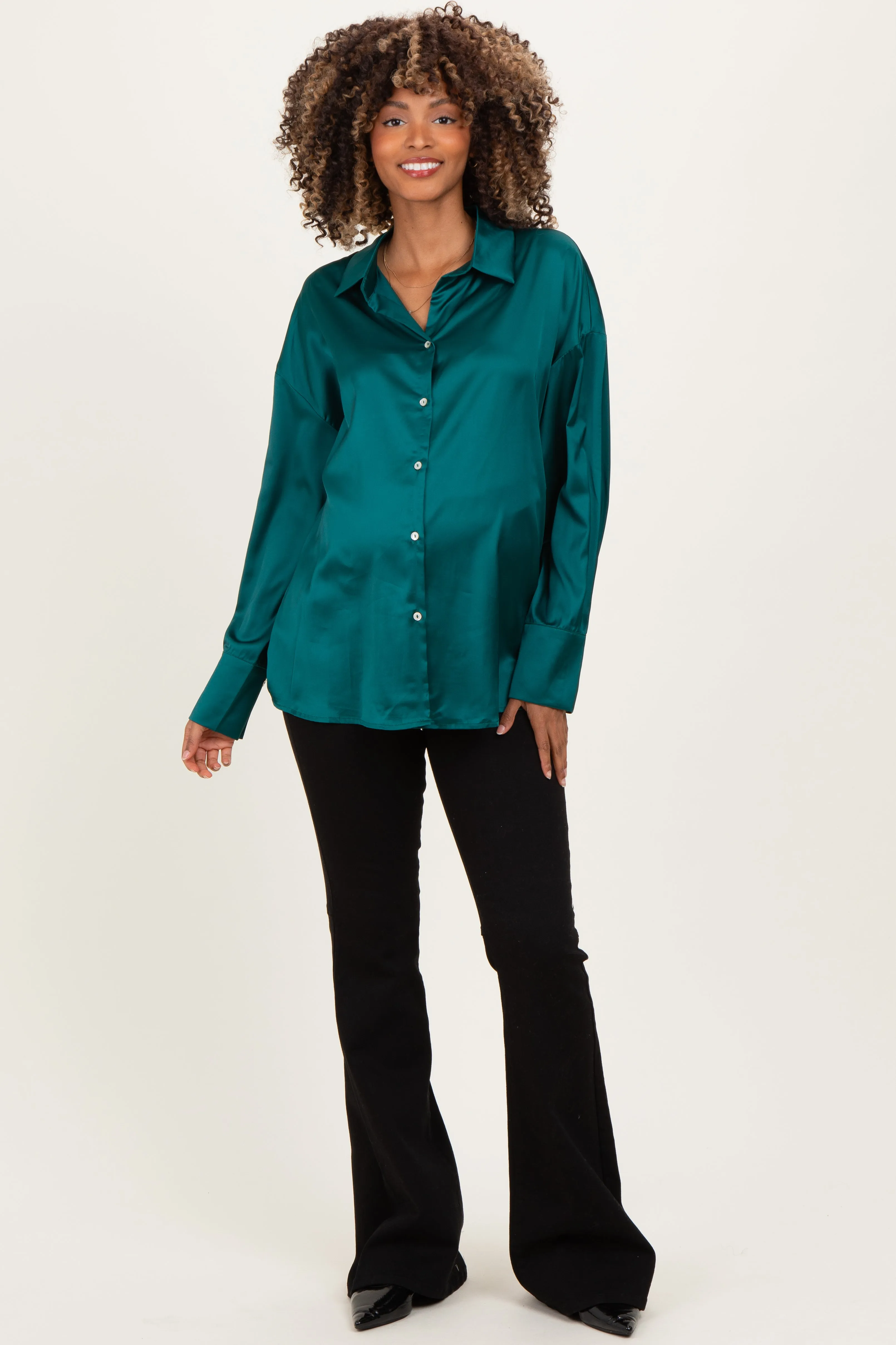 Forest Green Satin Button Up Maternity Blouse sold by Pinkblush product image thumbnail 2