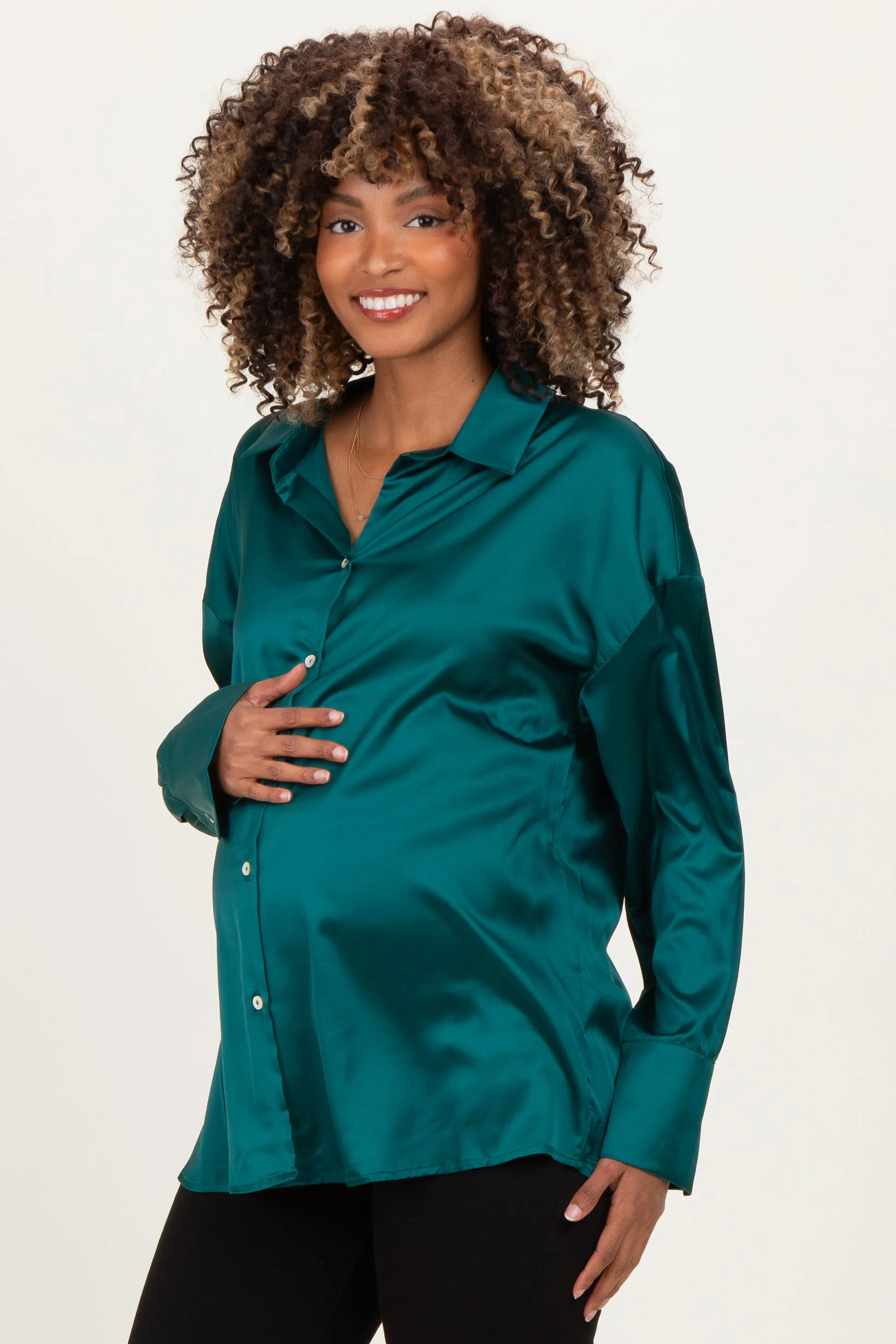 Forest Green Satin Button Up Maternity Blouse sold by Pinkblush product image thumbnail 3