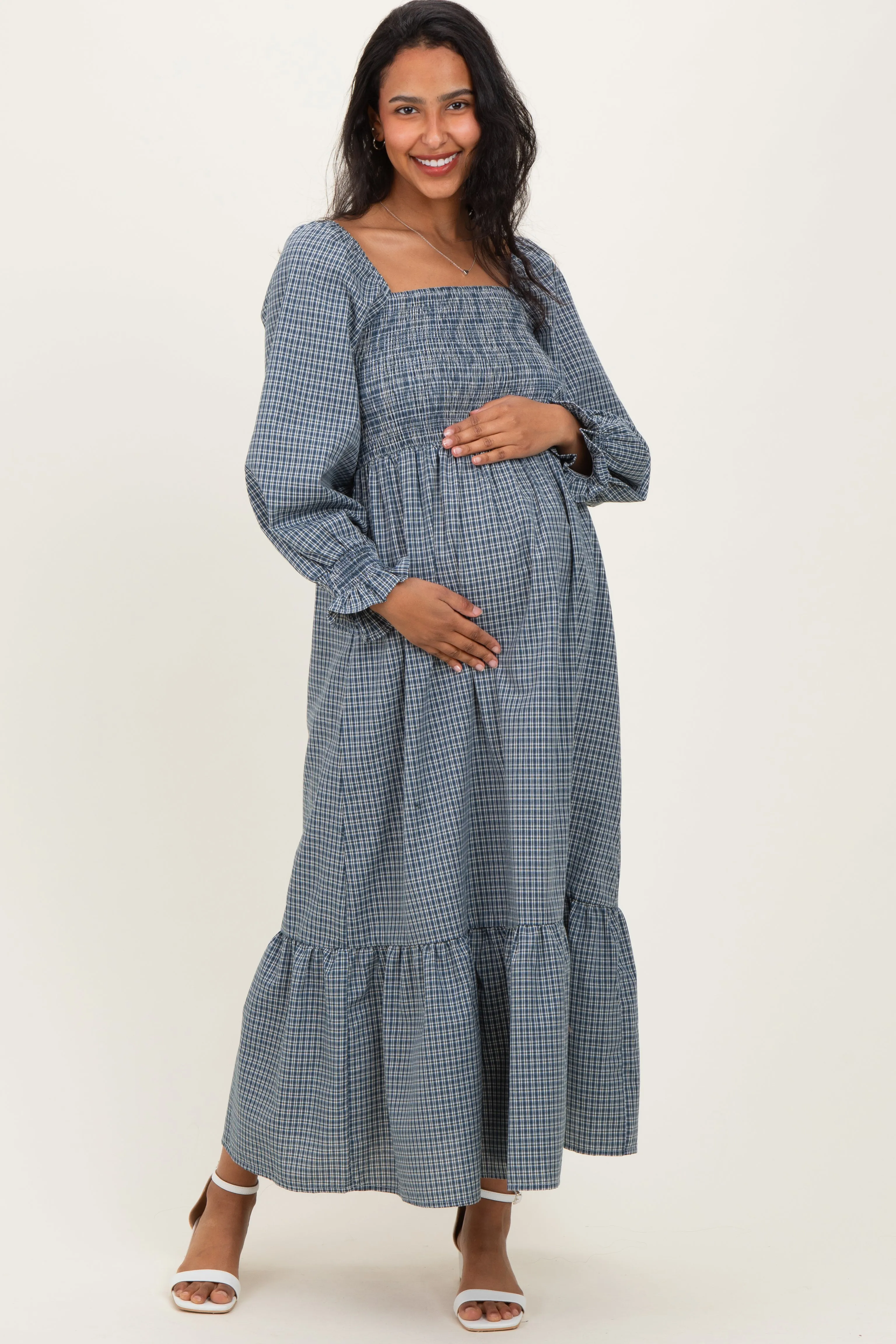 Dusty Blue Plaid Square Neck Long Sleeve Maternity Maxi Dress sold by Pinkblush product image thumbnail 2