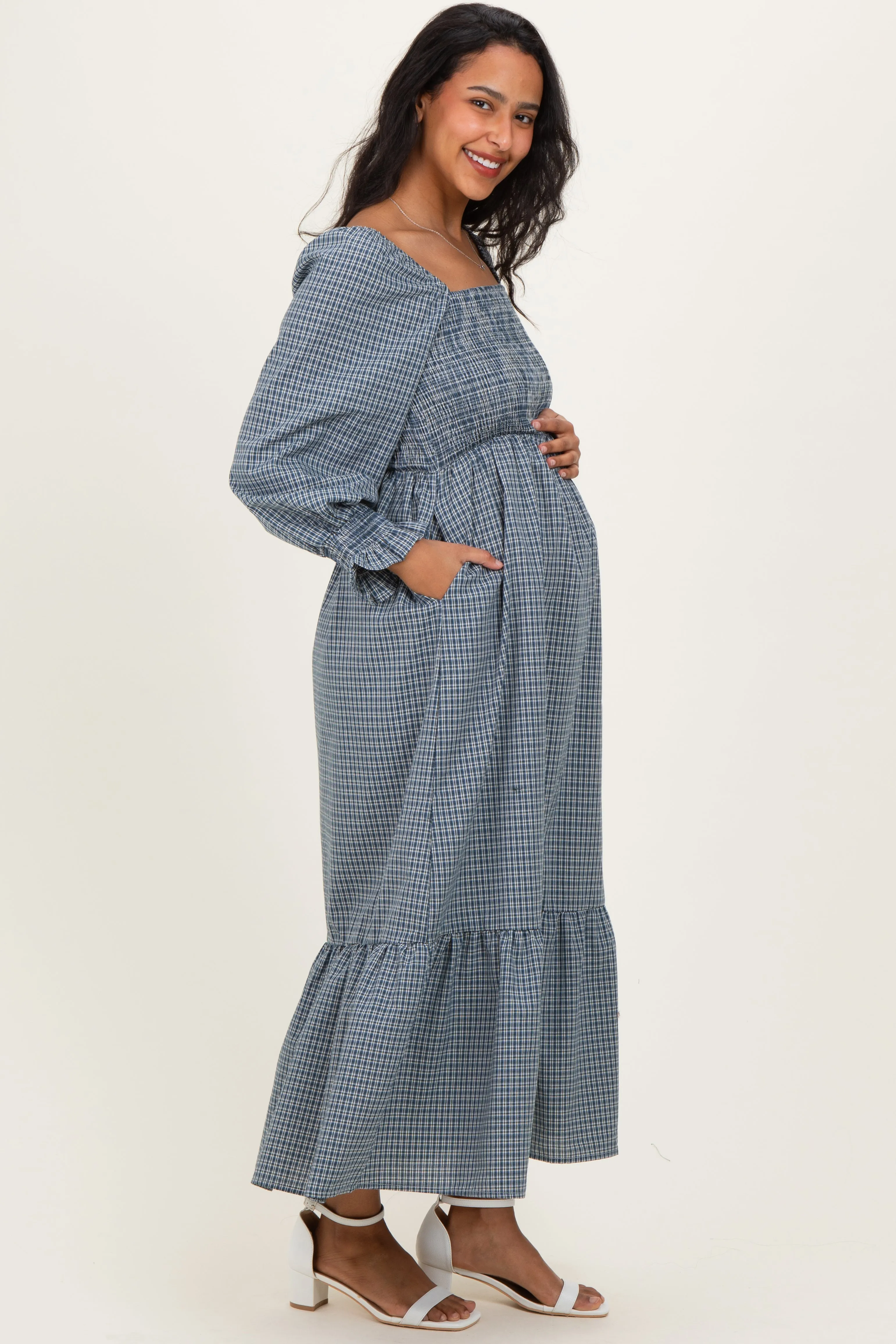 Dusty Blue Plaid Square Neck Long Sleeve Maternity Maxi Dress sold by Pinkblush product image thumbnail 3