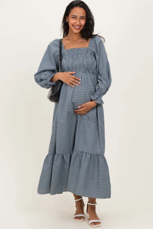 Dusty Blue Plaid Square Neck Long Sleeve Maternity Maxi Dress sold by Pinkblush