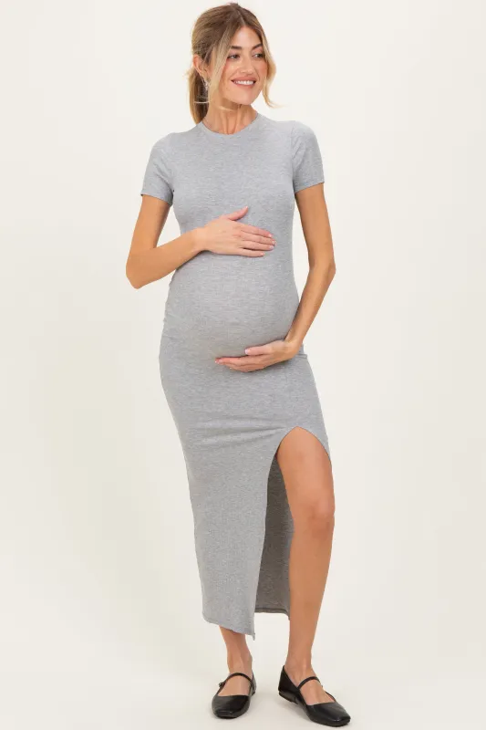 Heather Grey Short Sleeve High Slit Maternity Maxi Dress sold by Pinkblush