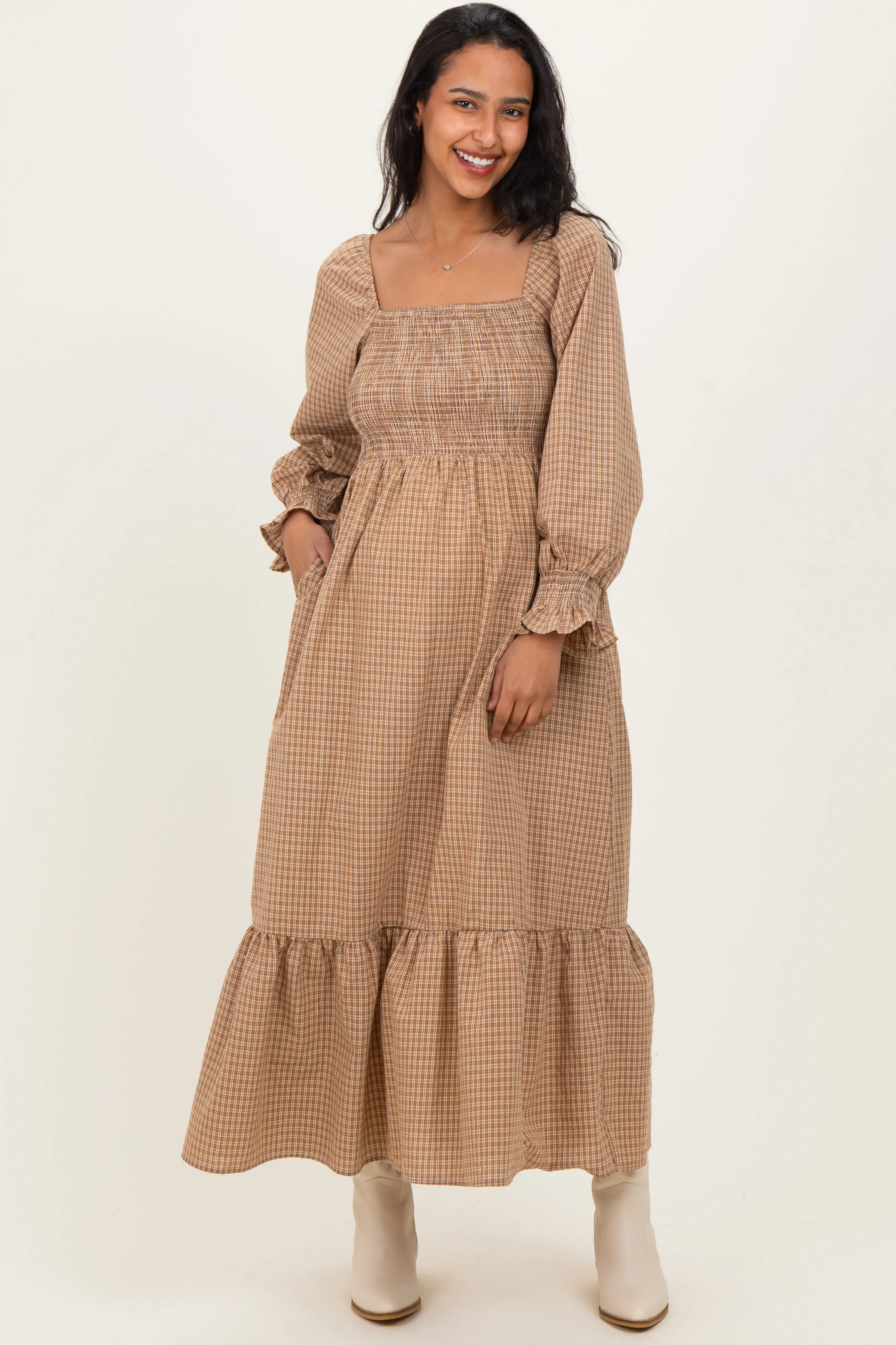 Mustard Plaid Square Neck Long Sleeve Maternity Maxi Dress sold by Pinkblush