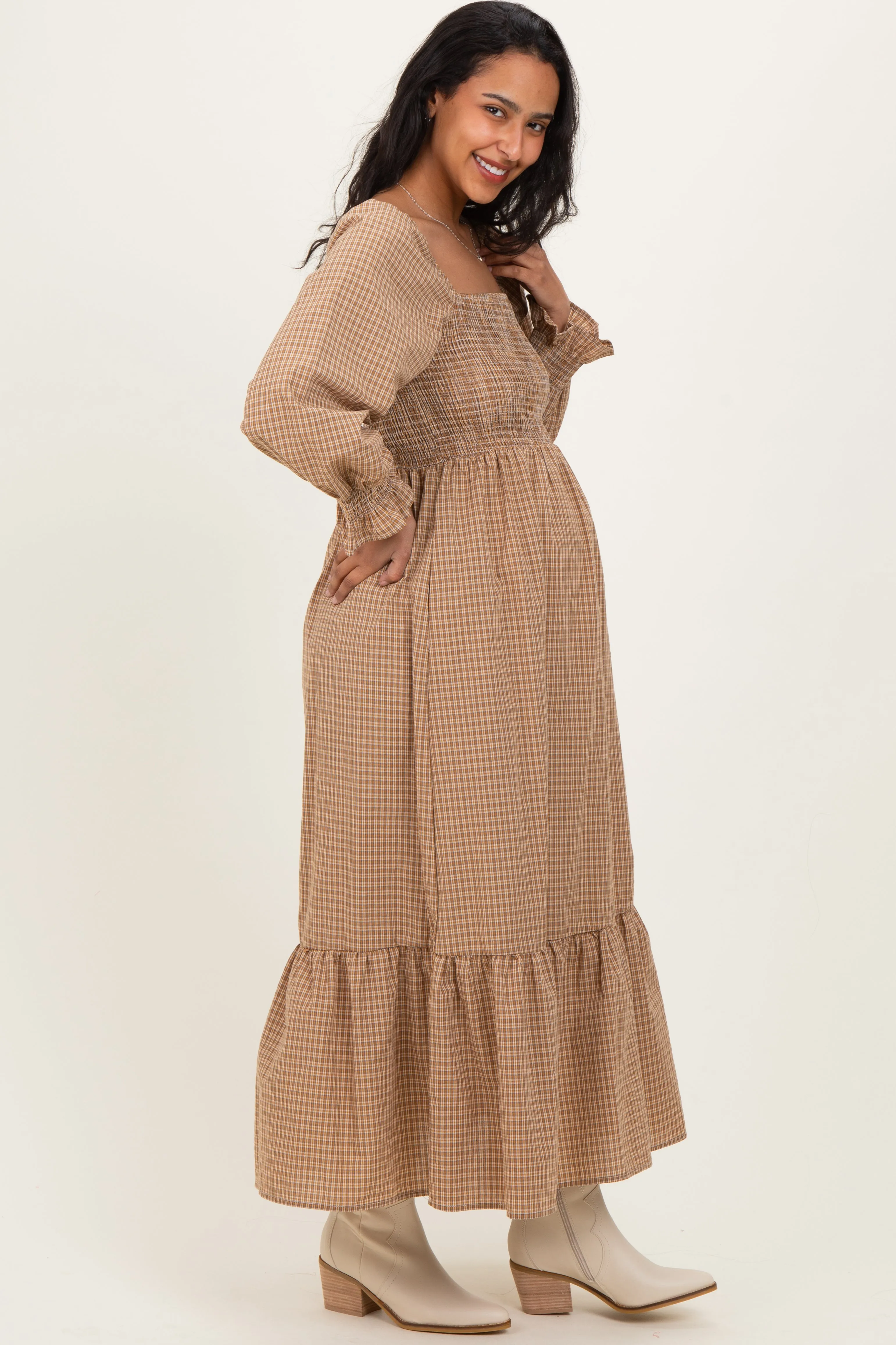 Mustard Plaid Square Neck Long Sleeve Maternity Maxi Dress sold by Pinkblush product image thumbnail 2