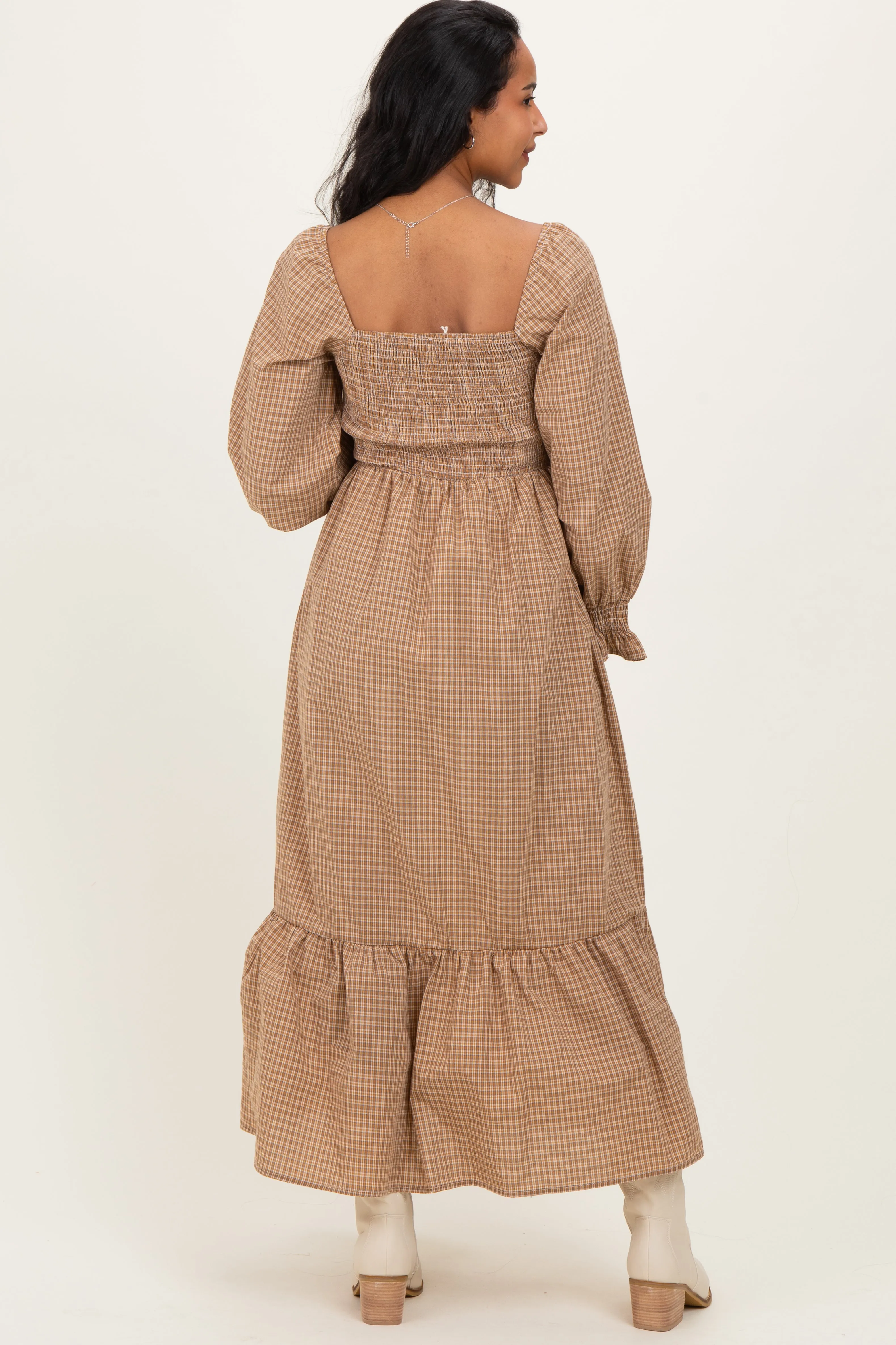 Mustard Plaid Square Neck Long Sleeve Maternity Maxi Dress sold by Pinkblush product image thumbnail 3
