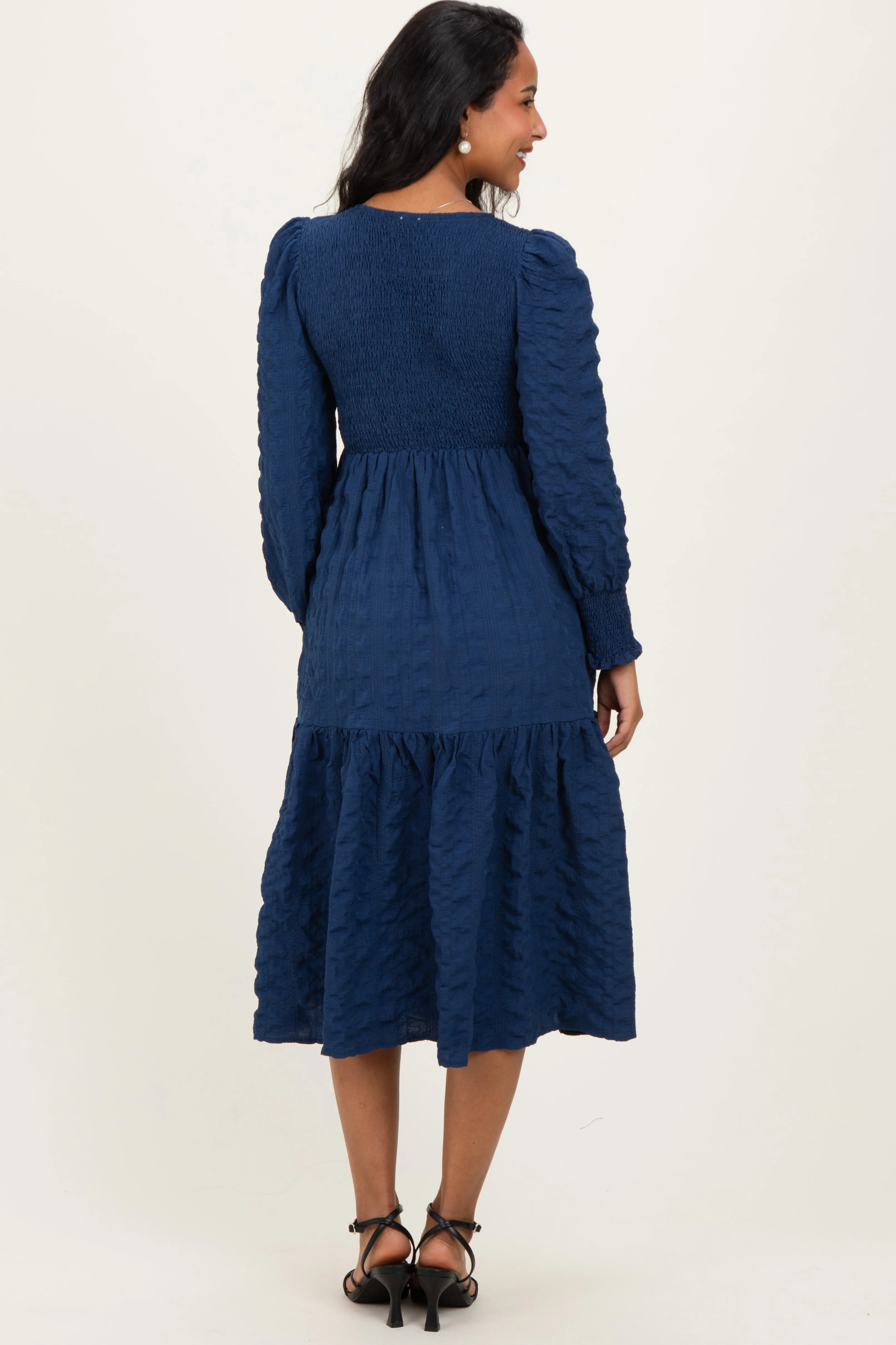 Navy Textured Stripe Smocked Maternity Midi Dress sold by Pinkblush product image thumbnail 3