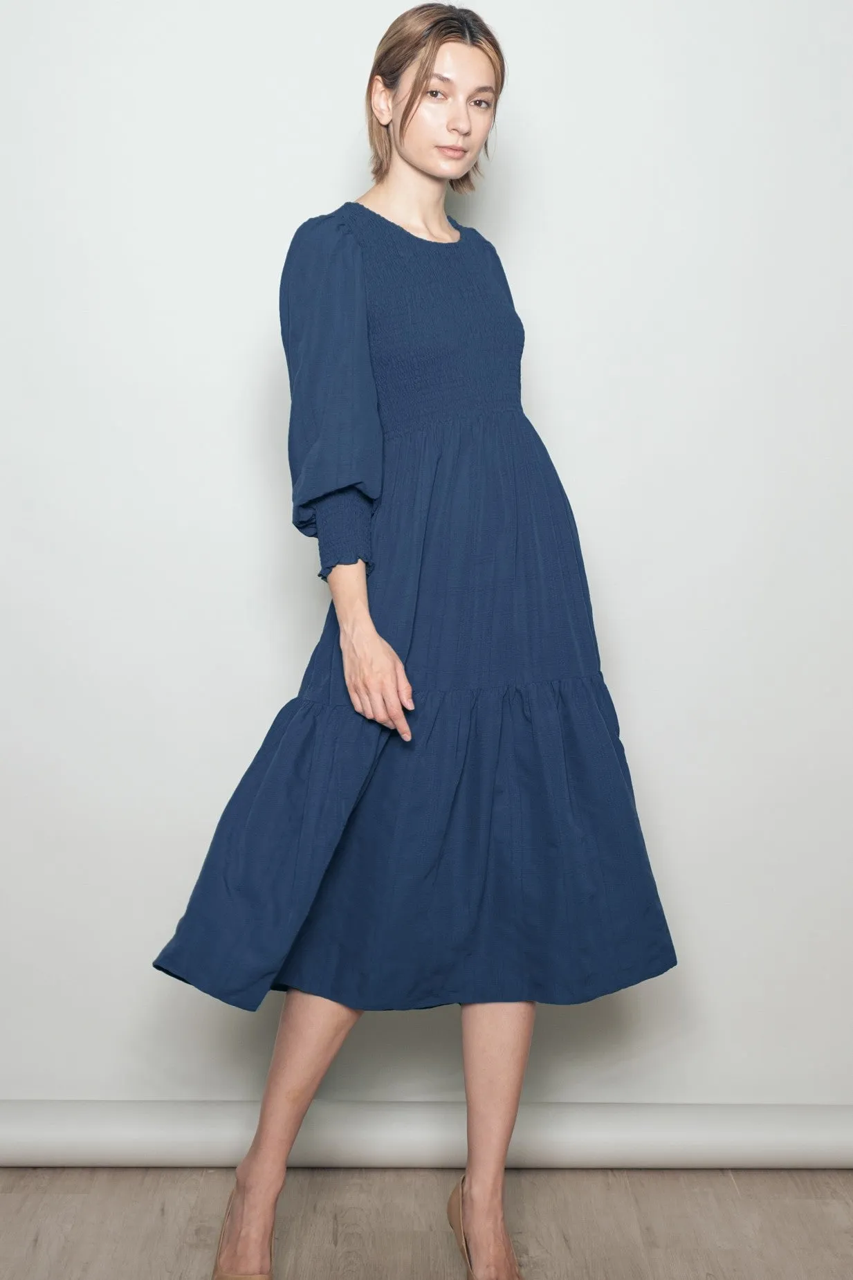 Navy Textured Stripe Smocked Maternity Midi Dress sold by Pinkblush product image thumbnail 4