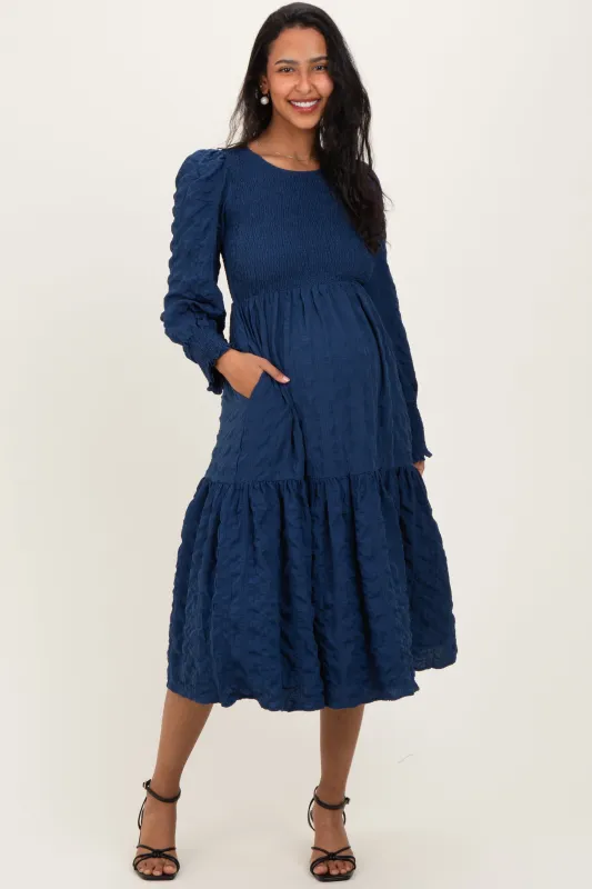 Navy Textured Stripe Smocked Maternity Midi Dress sold by Pinkblush
