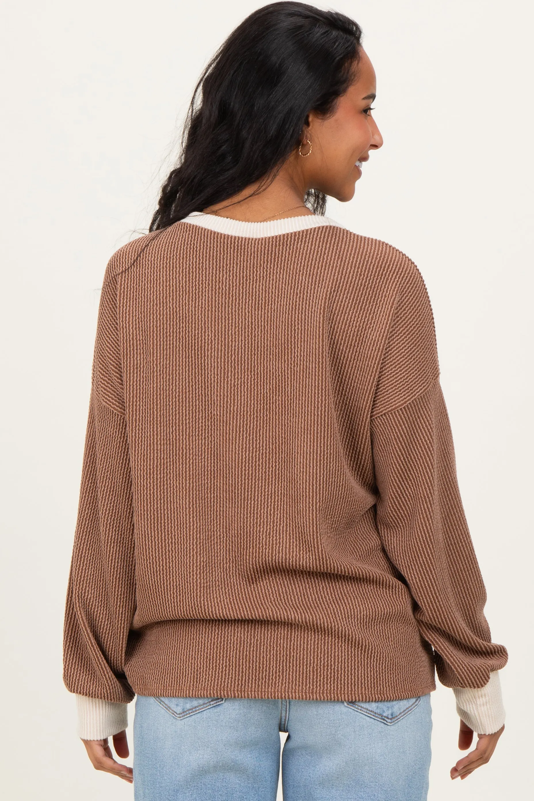 Brown Textured Rib Relaxed Fit Maternity Pullover Top sold by Pinkblush product image thumbnail 4
