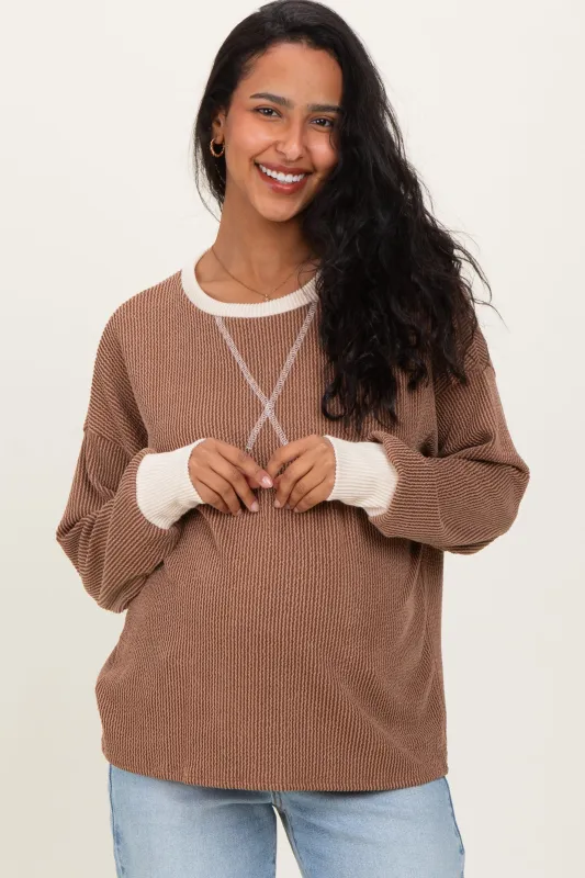 Brown Textured Rib Relaxed Fit Maternity Pullover Top sold by Pinkblush