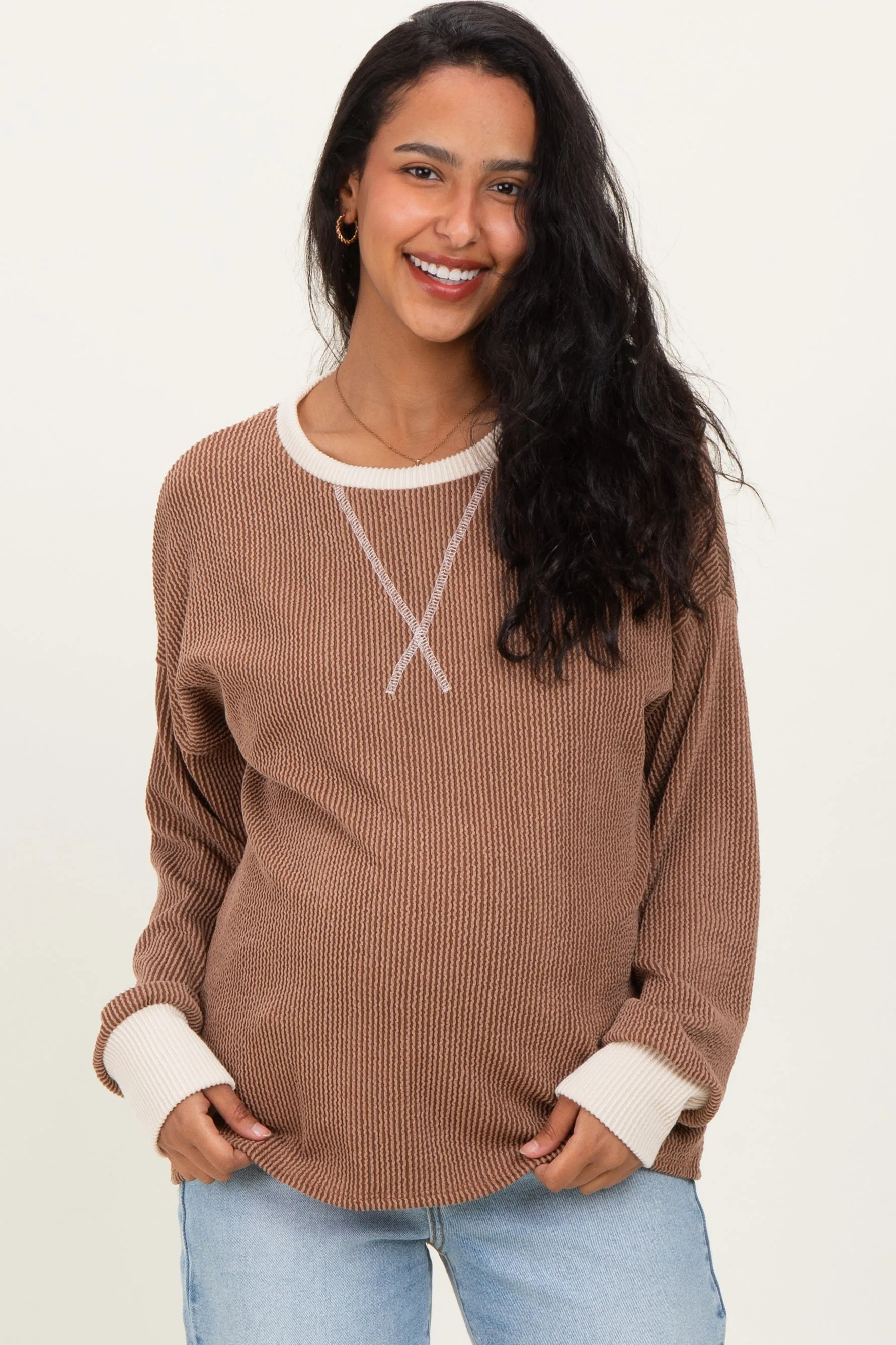 Brown Textured Rib Relaxed Fit Maternity Pullover Top sold by Pinkblush product image thumbnail 2