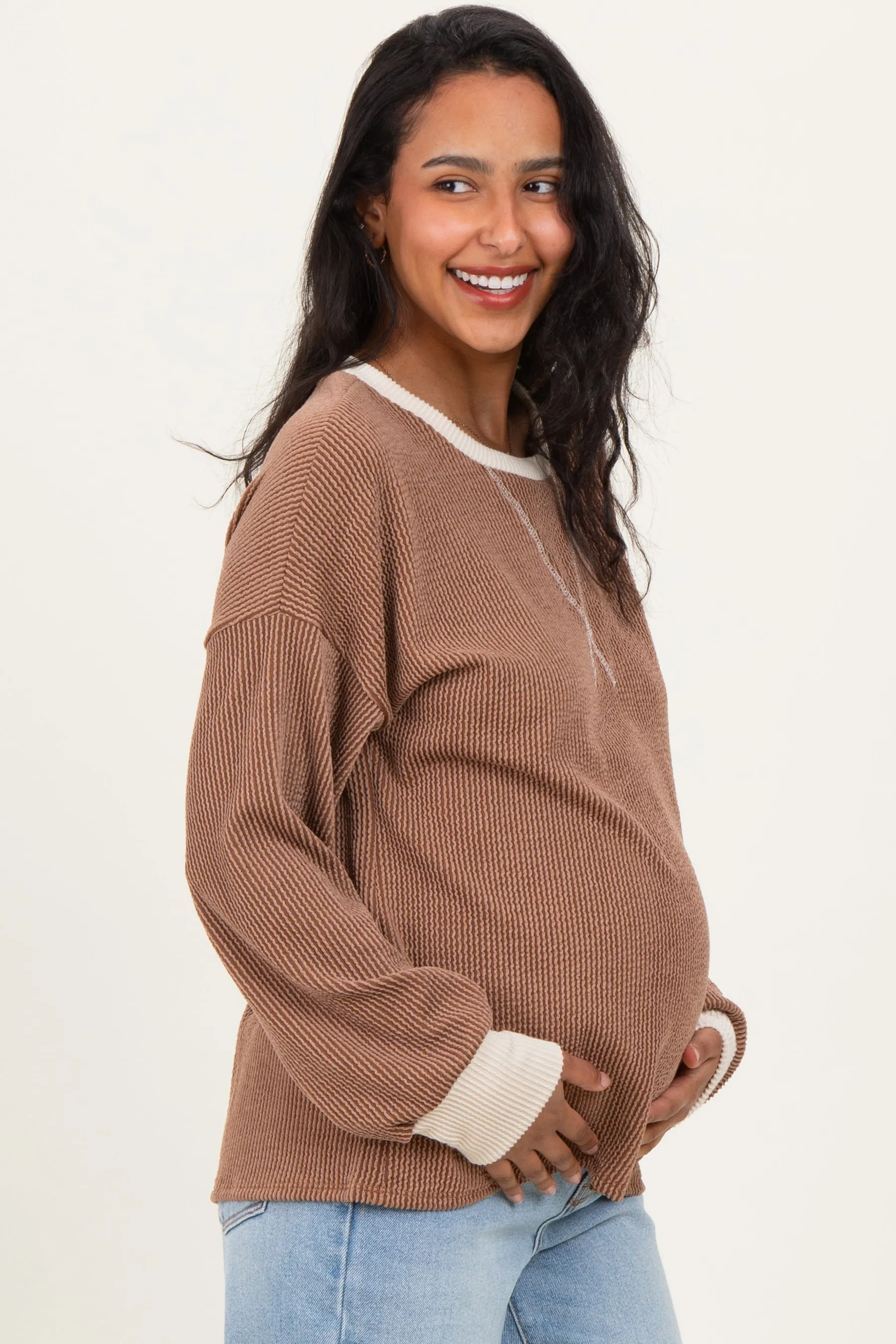 Brown Textured Rib Relaxed Fit Maternity Pullover Top sold by Pinkblush product image thumbnail 3