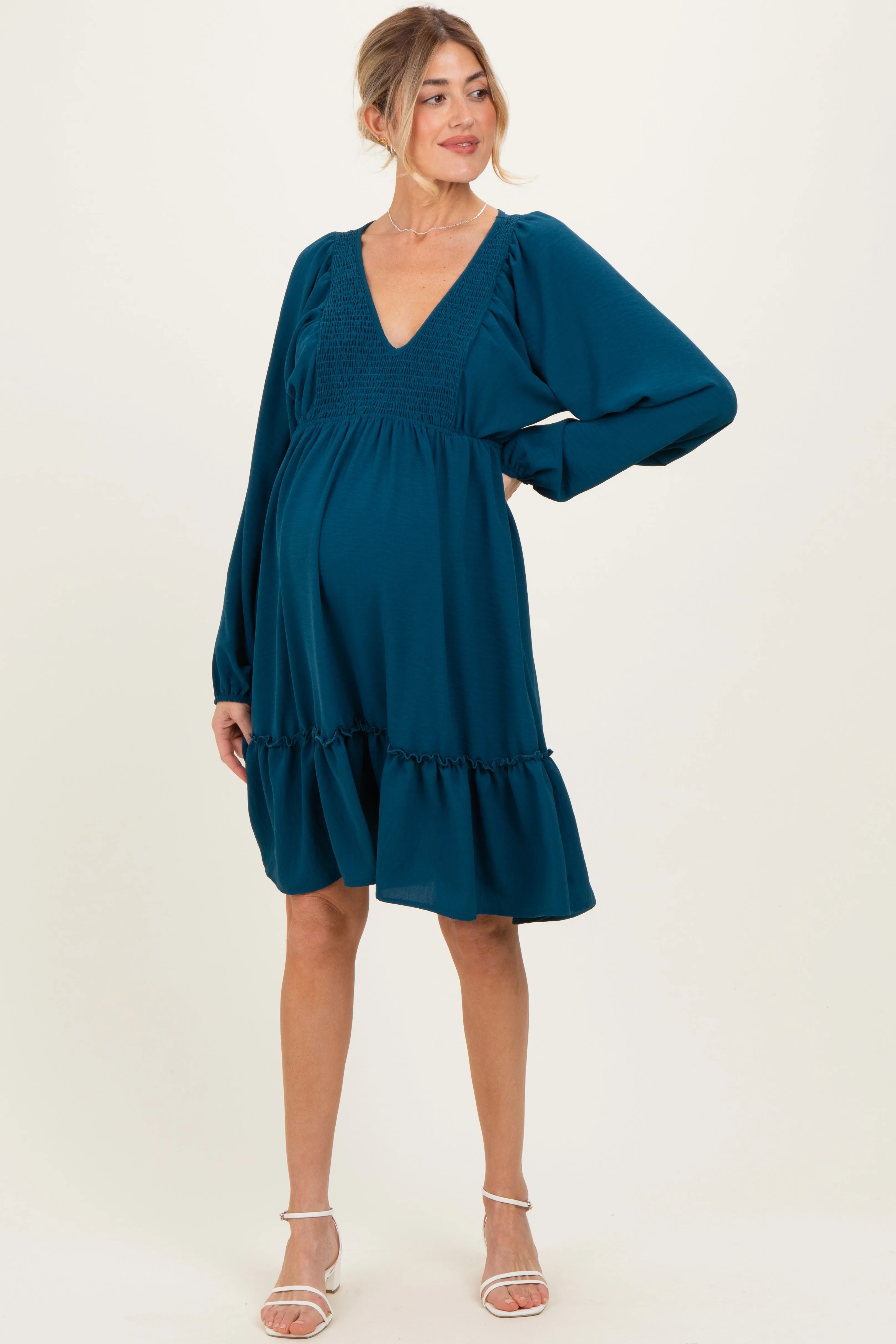 Dark Teal Long Sleeve V-Neck Tiered Maternity Midi Dress sold by Pinkblush