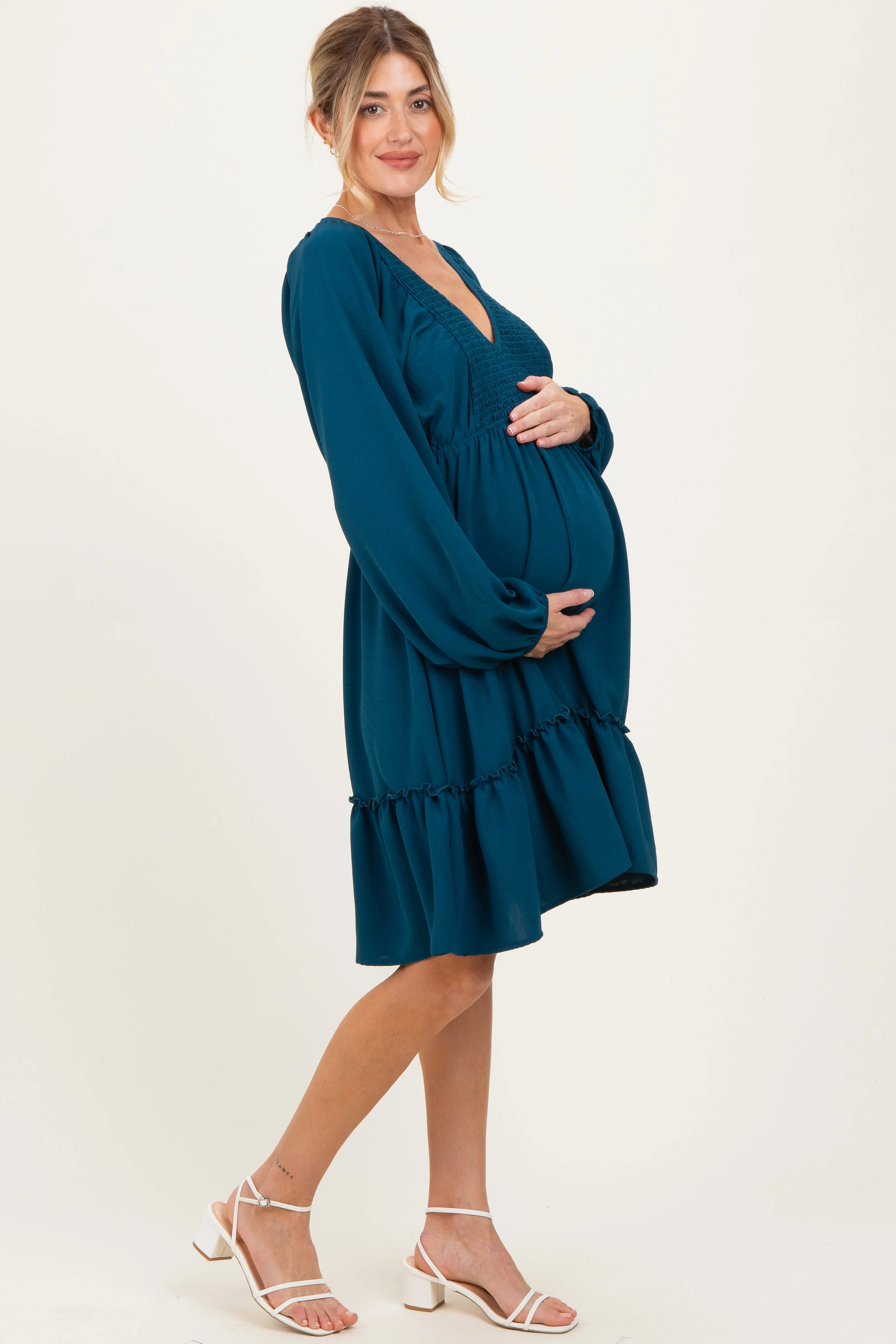 Dark Teal Long Sleeve V-Neck Tiered Maternity Midi Dress sold by Pinkblush product image thumbnail 2