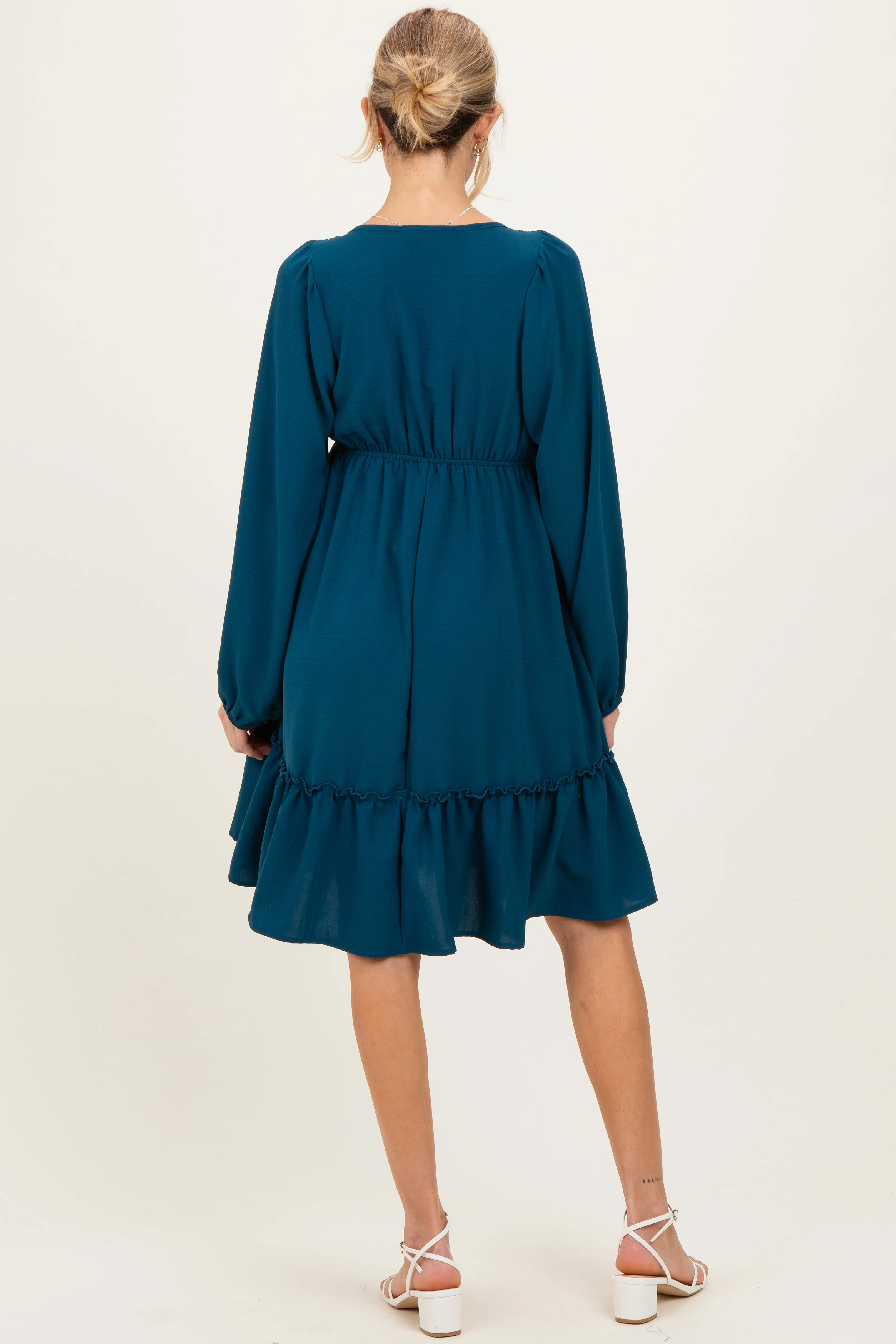 Dark Teal Long Sleeve V-Neck Tiered Maternity Midi Dress sold by Pinkblush product image thumbnail 3