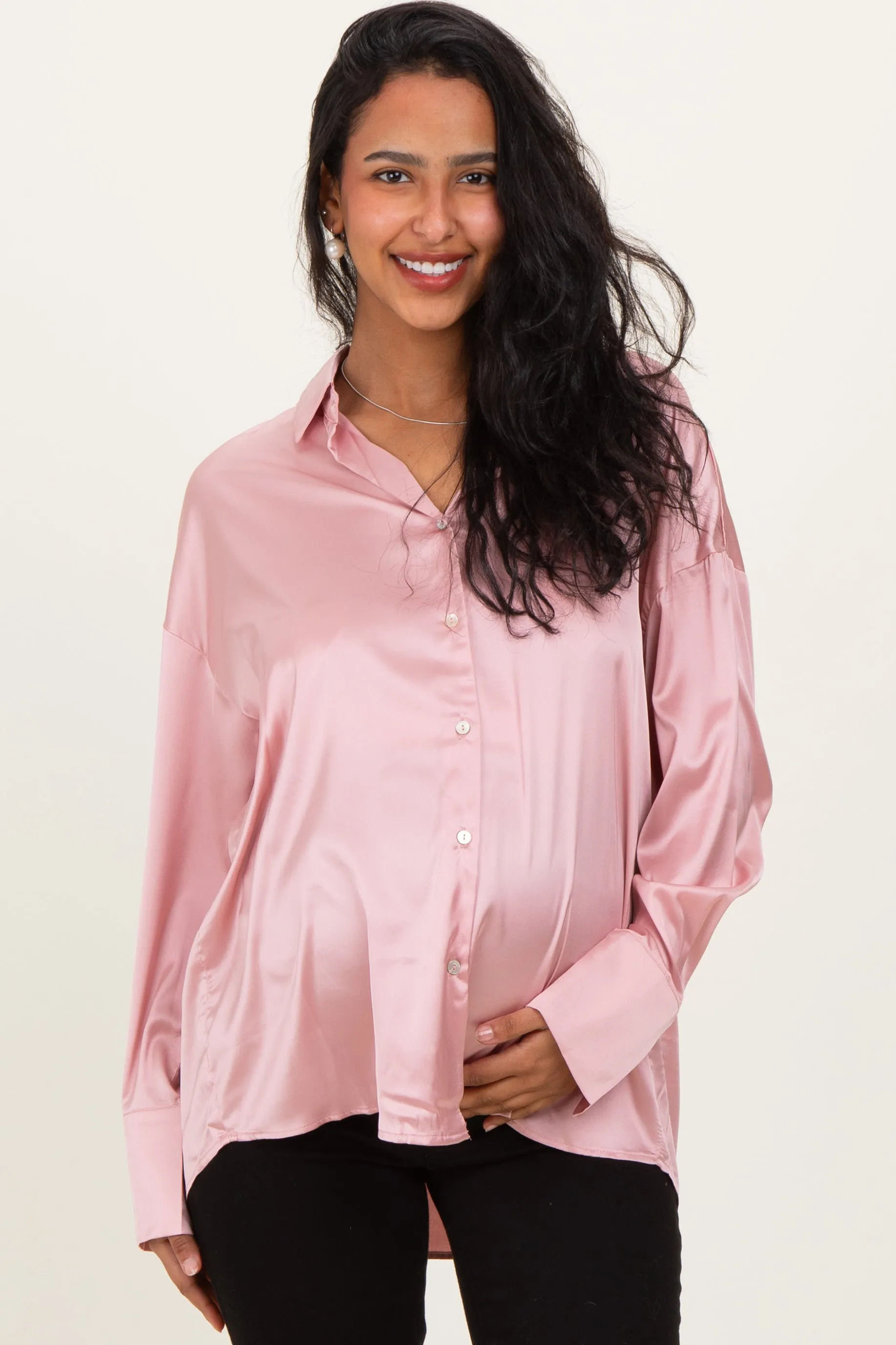 Blush Pink Satin Button Up Maternity Blouse sold by Pinkblush
