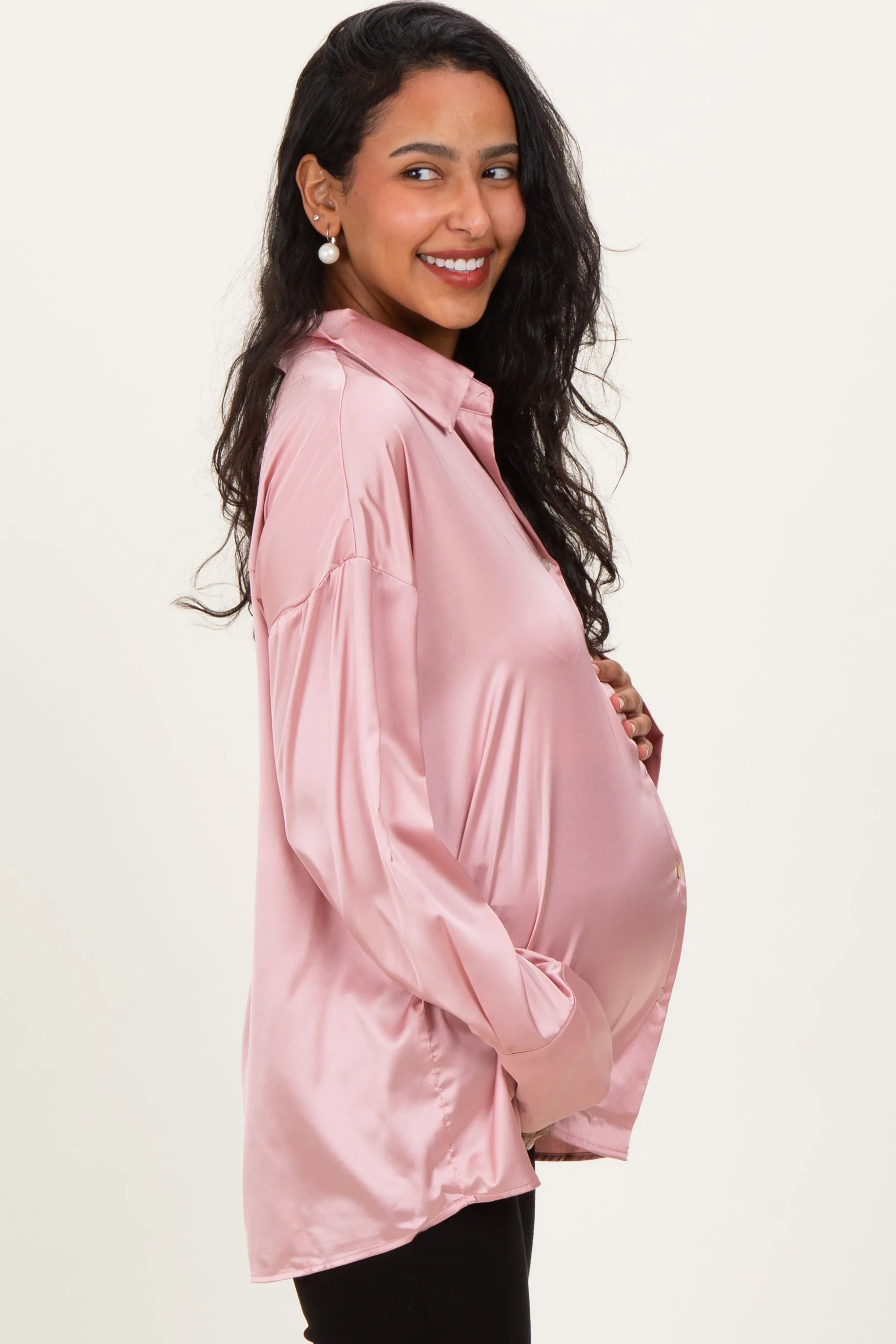 Blush Pink Satin Button Up Maternity Blouse sold by Pinkblush product image thumbnail 2