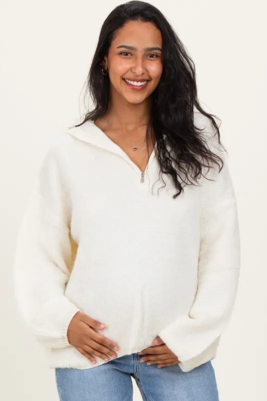 Cream Half Zip Hoodie Maternity Sweater sold by Pinkblush