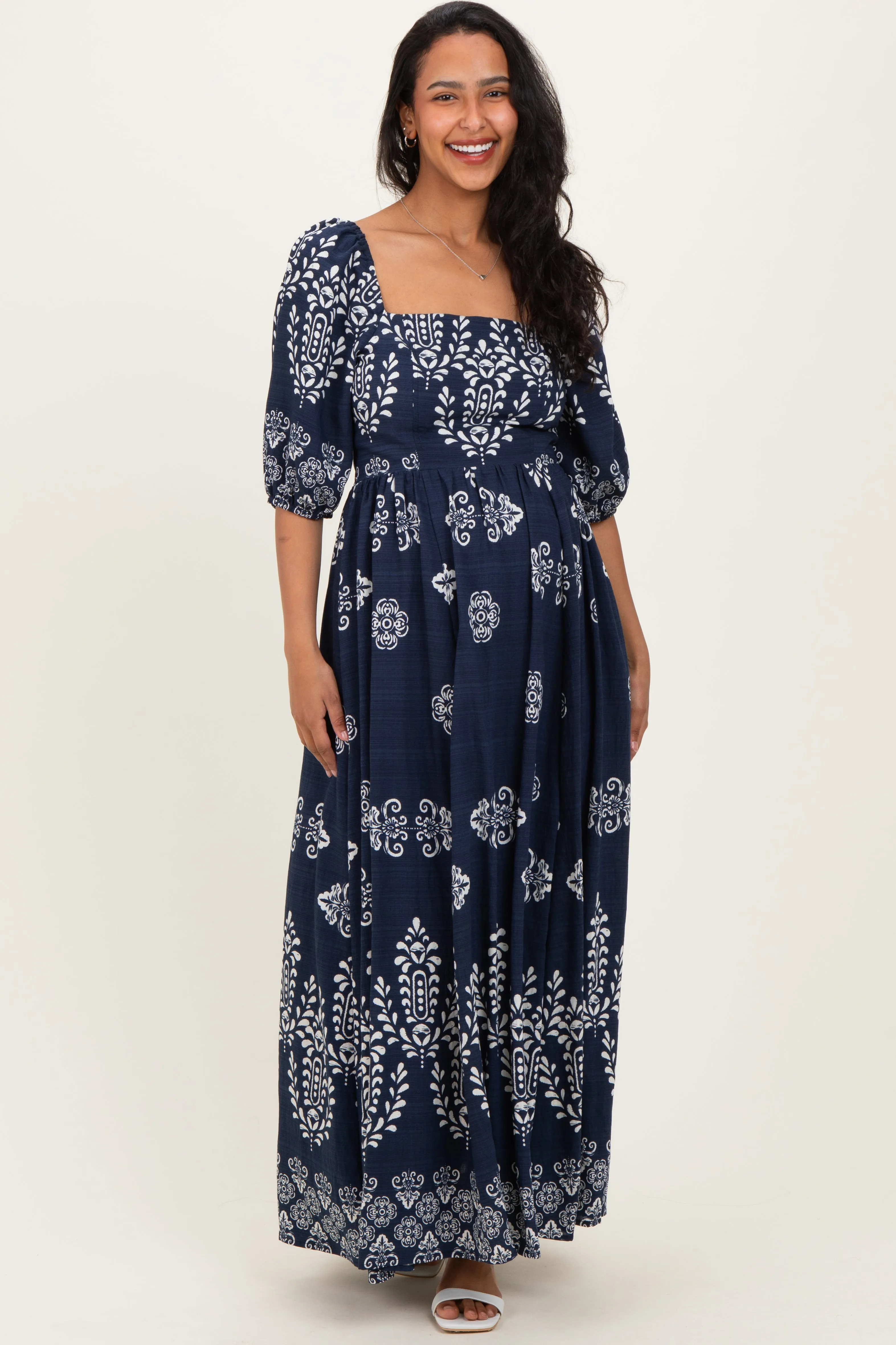 Navy Damask Print Short Sleeve Maternity Maxi Dress sold by Pinkblush product image thumbnail 2