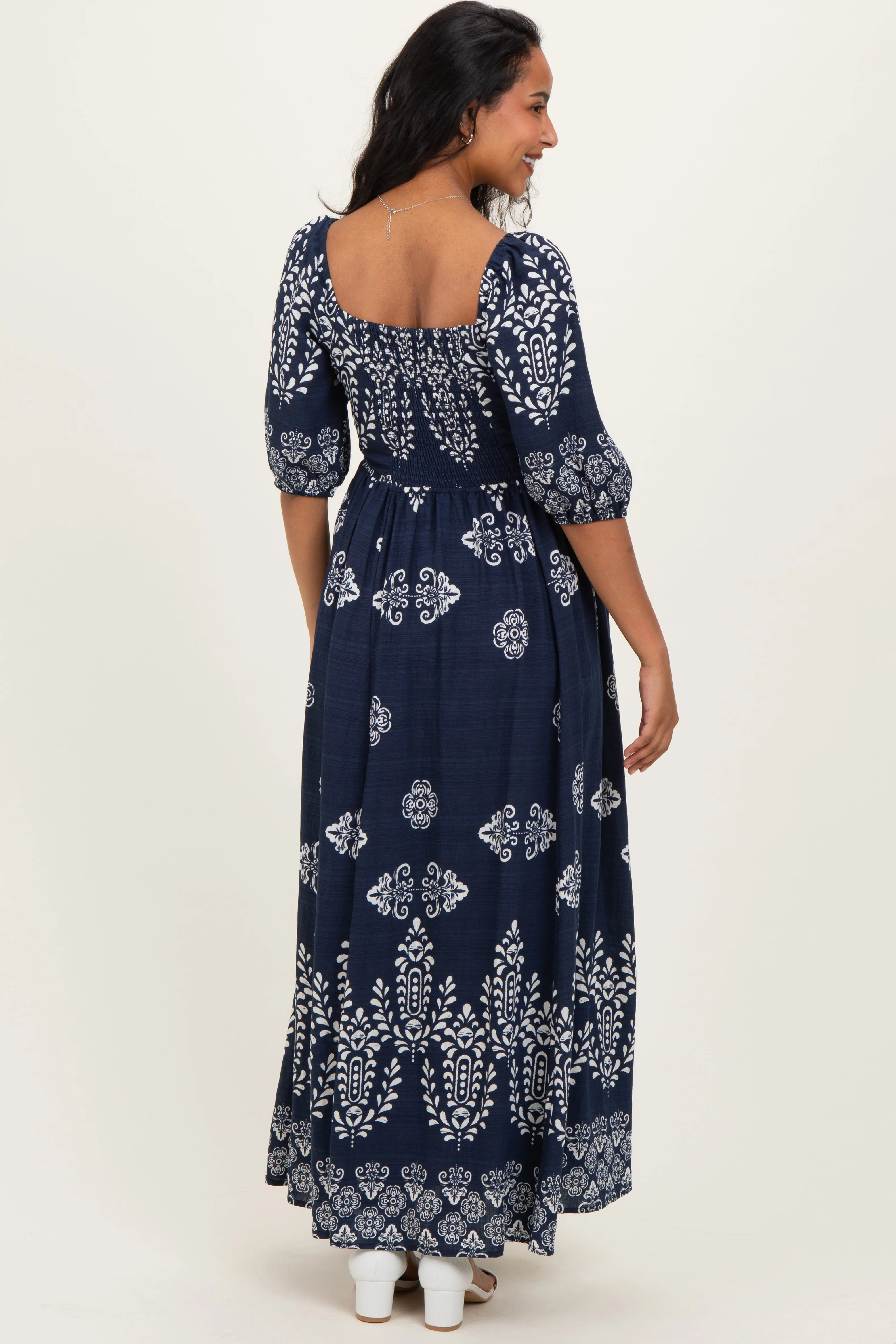 Navy Damask Print Short Sleeve Maternity Maxi Dress sold by Pinkblush product image thumbnail 4