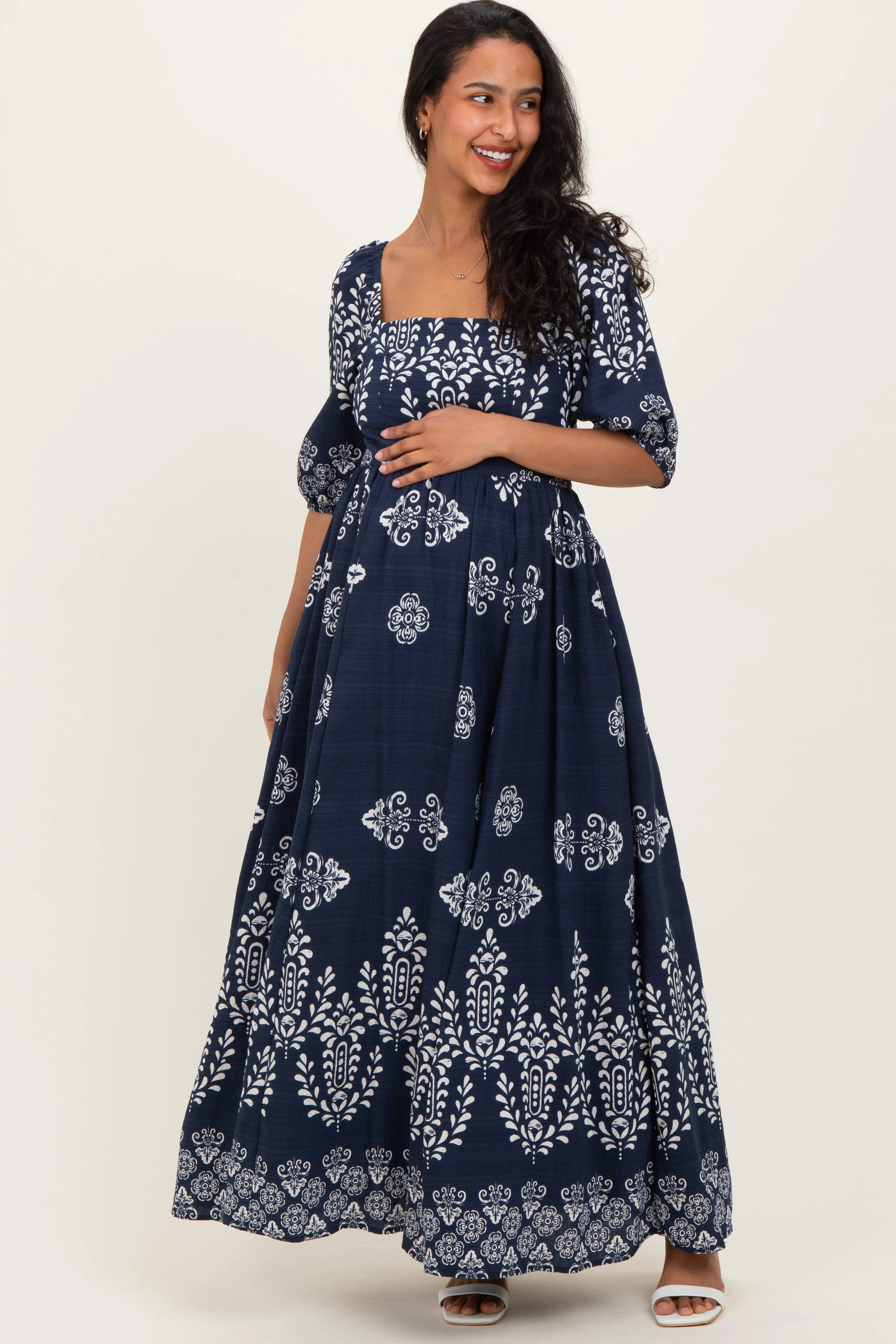 Navy Damask Print Short Sleeve Maternity Maxi Dress sold by Pinkblush