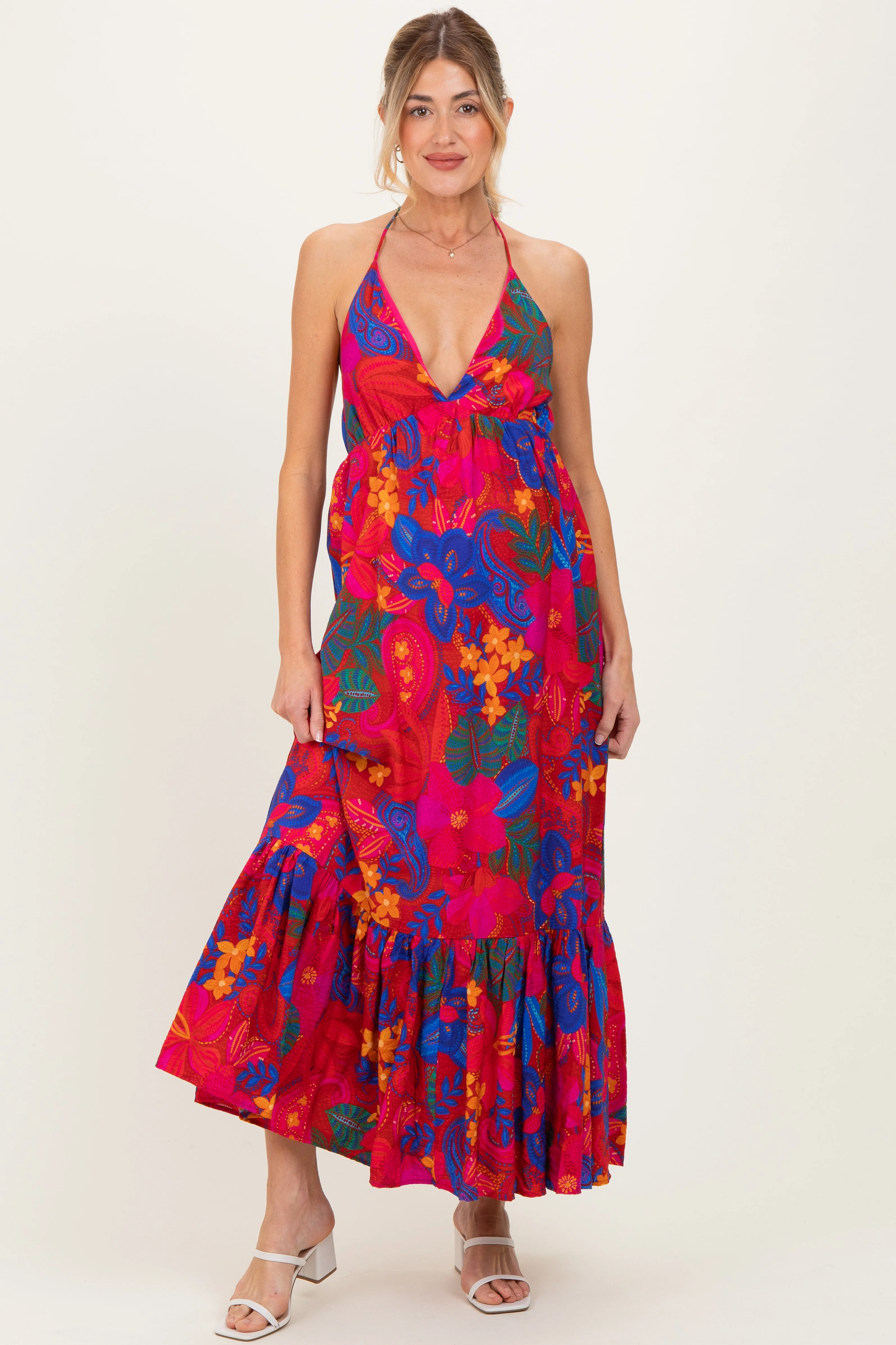 Red Floral Halter V-Neck Maternity Maxi Dress sold by Pinkblush