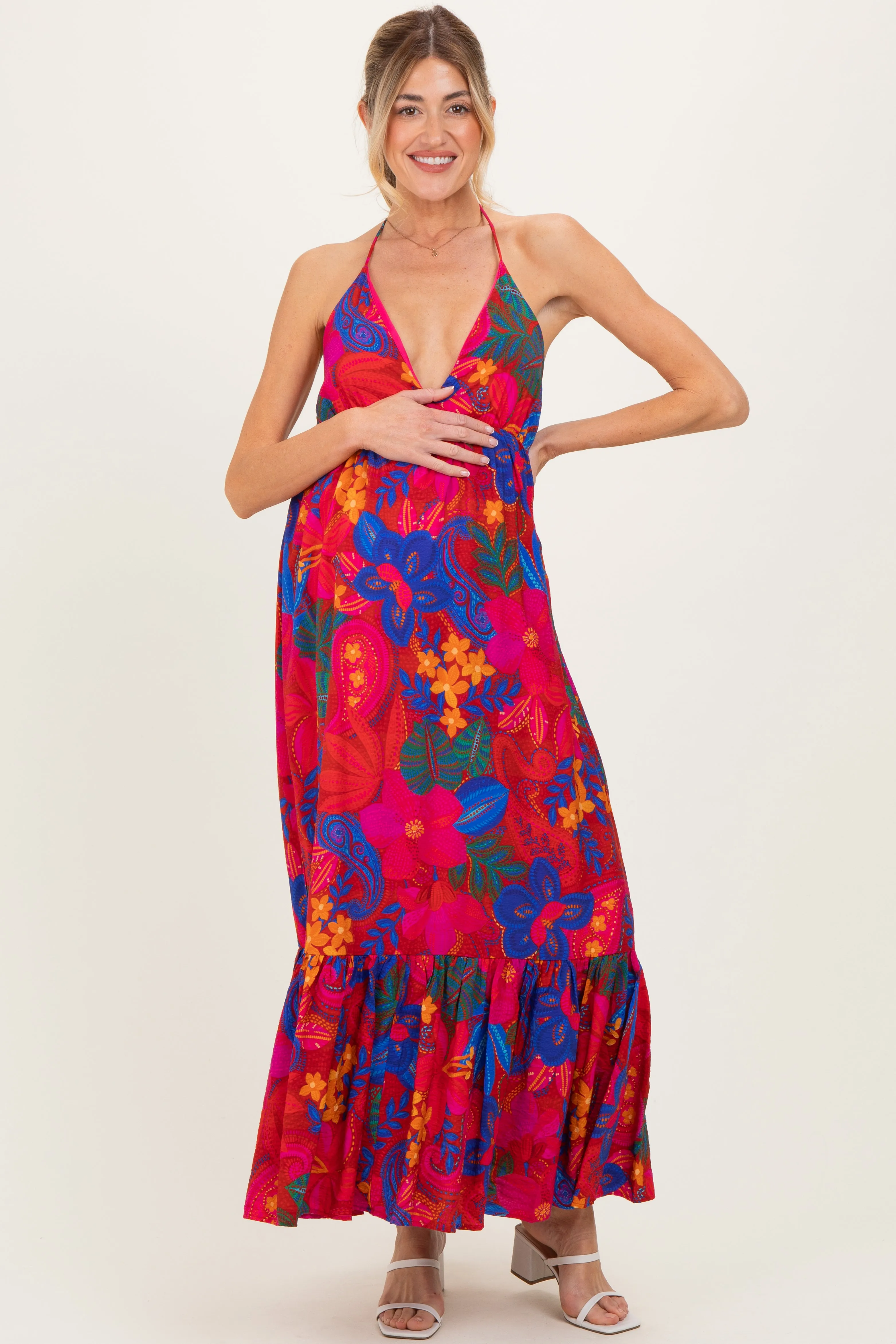 Red Floral Halter V-Neck Maternity Maxi Dress sold by Pinkblush product image thumbnail 2