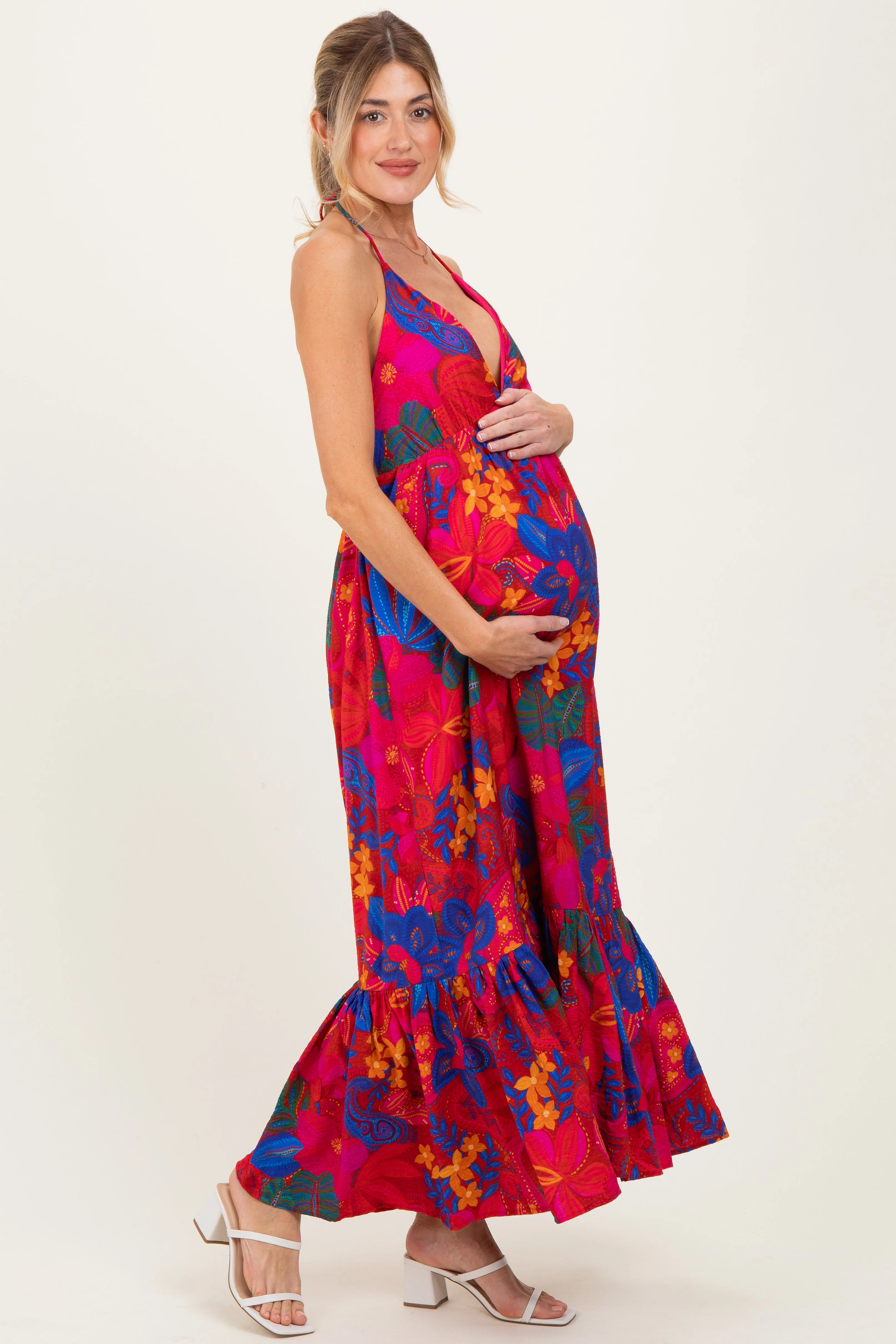 Red Floral Halter V-Neck Maternity Maxi Dress sold by Pinkblush product image thumbnail 3