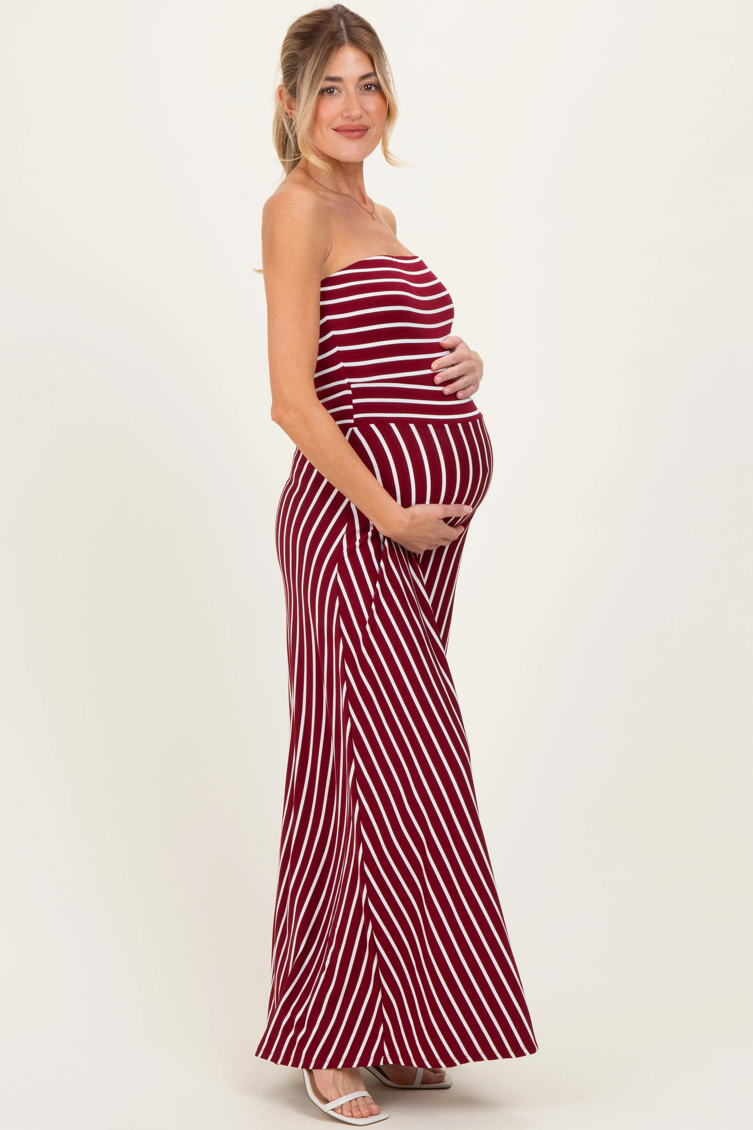 Wine Striped Strapless Maternity Maxi Dress sold by Pinkblush product image thumbnail 2