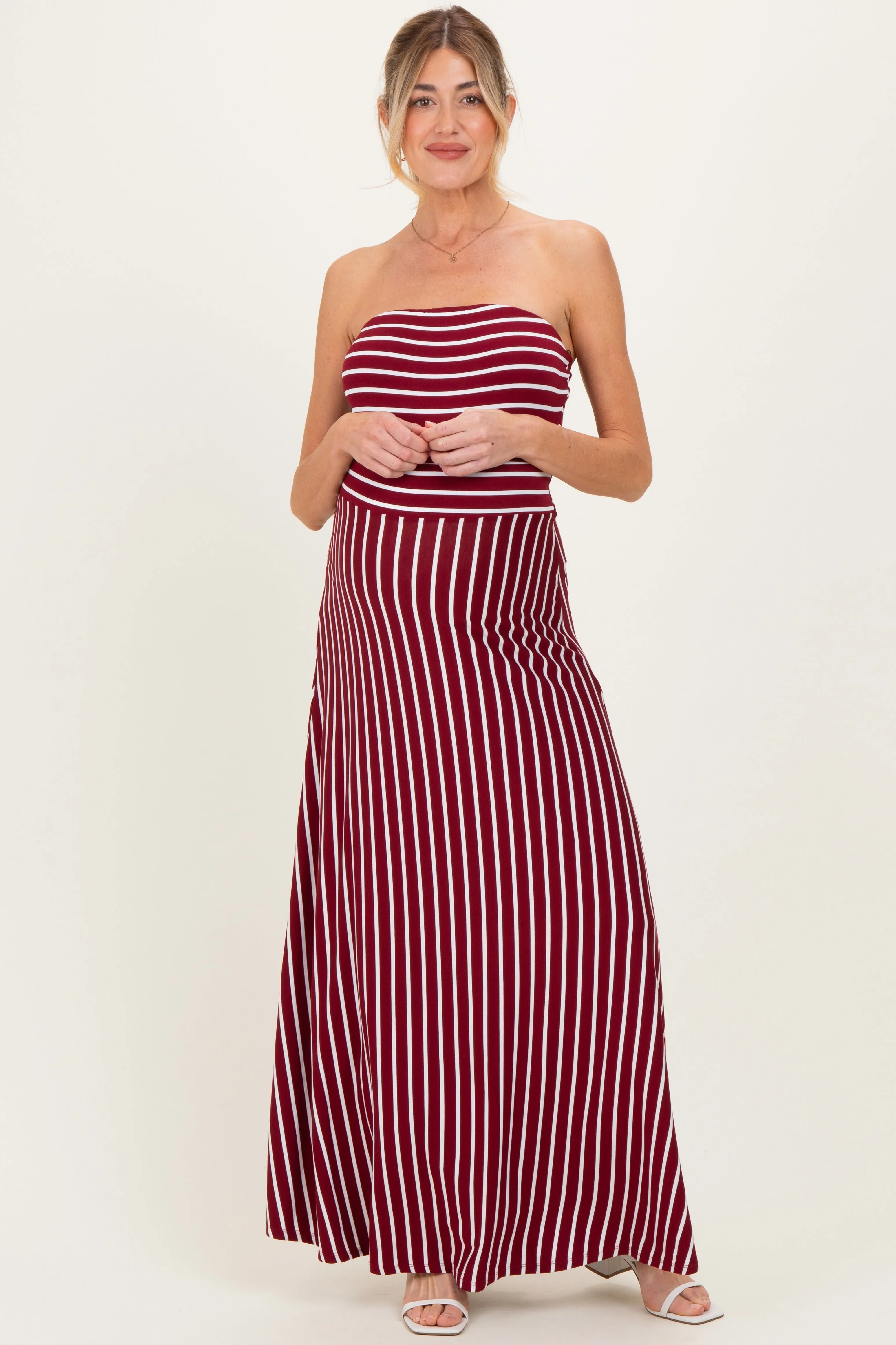 Wine Striped Strapless Maternity Maxi Dress sold by Pinkblush