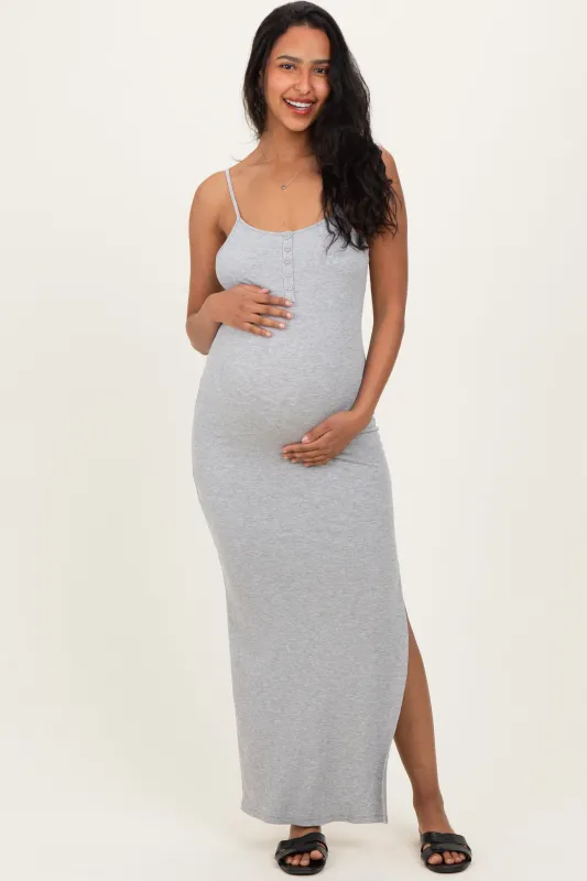 Heather Grey Button Detail Sleeveless High Slit Maternity Maxi Dress sold by Pinkblush