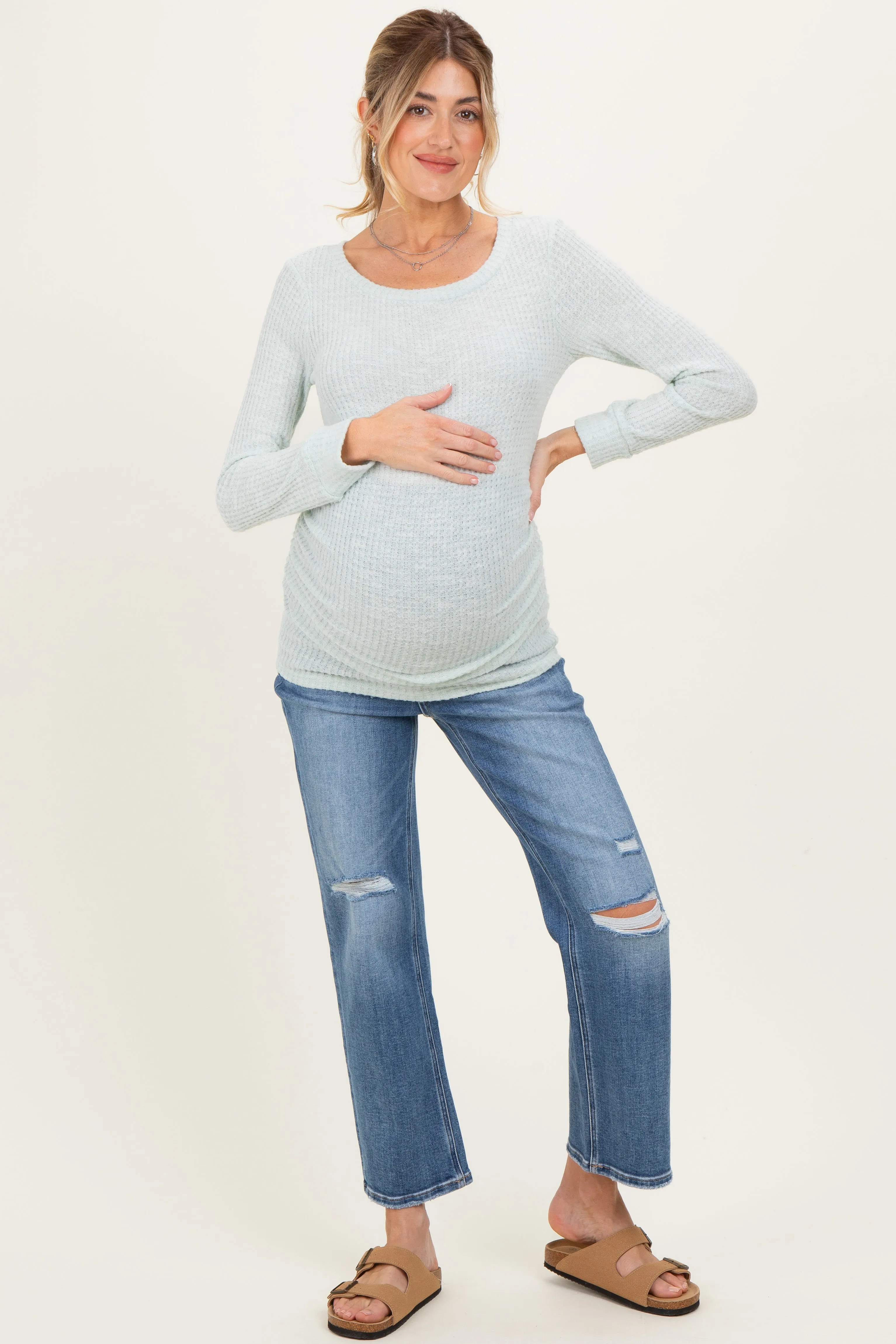 Mint Waffle Knit Long Sleeve Ruched Maternity Tunic Top sold by Pinkblush product image thumbnail 2