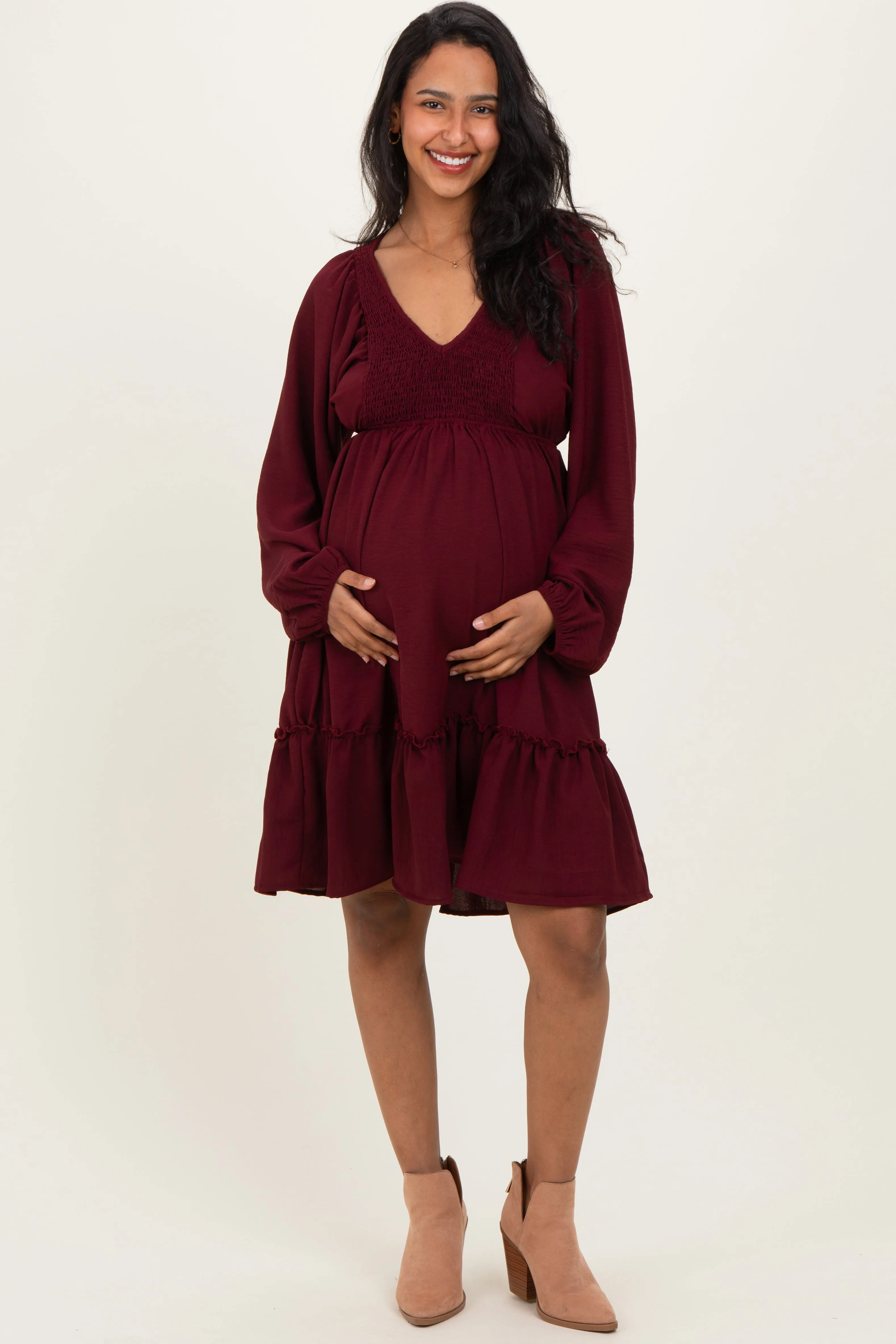 Burgundy Long Sleeve V-Neck Tiered Maternity Midi Dress sold by Pinkblush