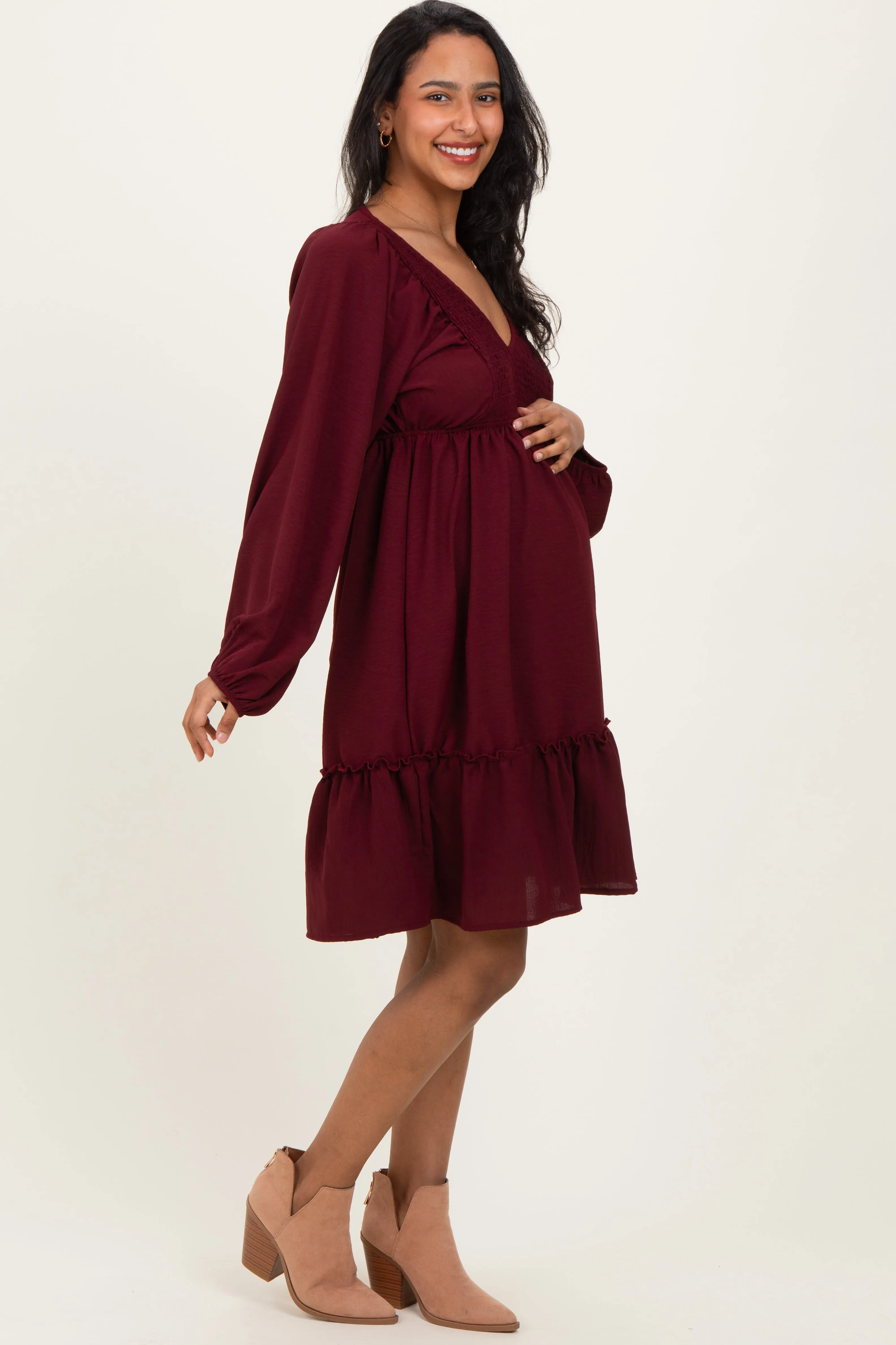 Burgundy Long Sleeve V-Neck Tiered Maternity Midi Dress sold by Pinkblush product image thumbnail 2