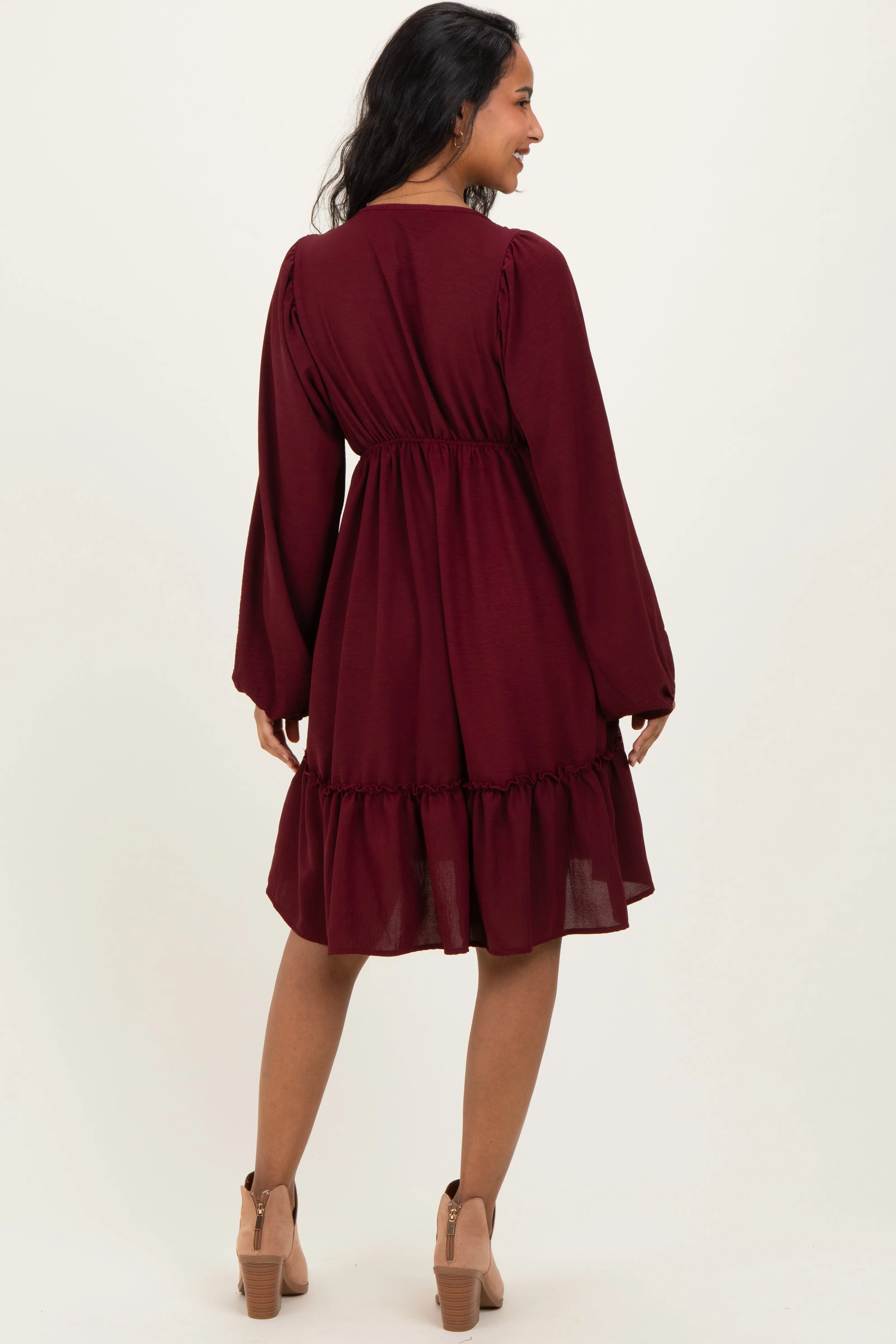 Burgundy Long Sleeve V-Neck Tiered Maternity Midi Dress sold by Pinkblush product image thumbnail 3