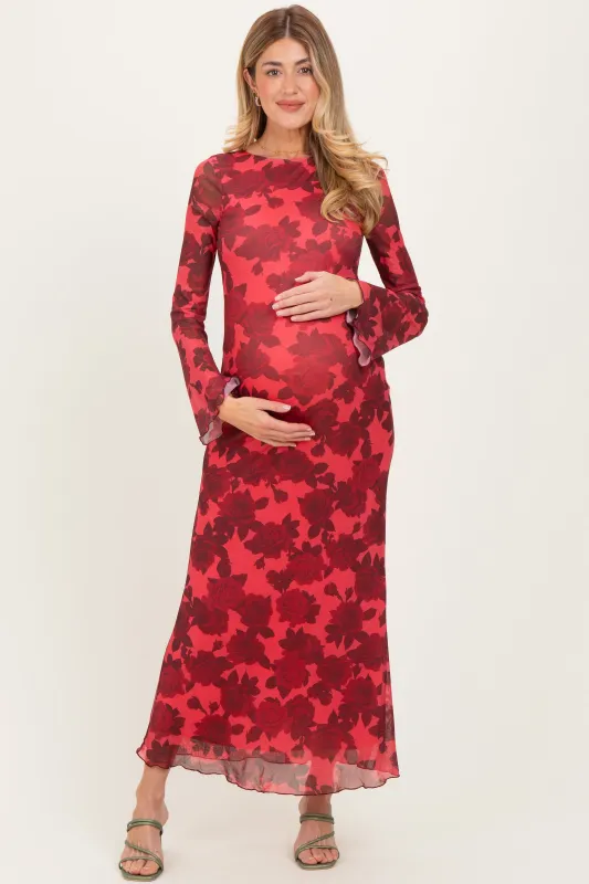 Red Floral Bell Sleeve Maternity Maxi Dress sold by Pinkblush
