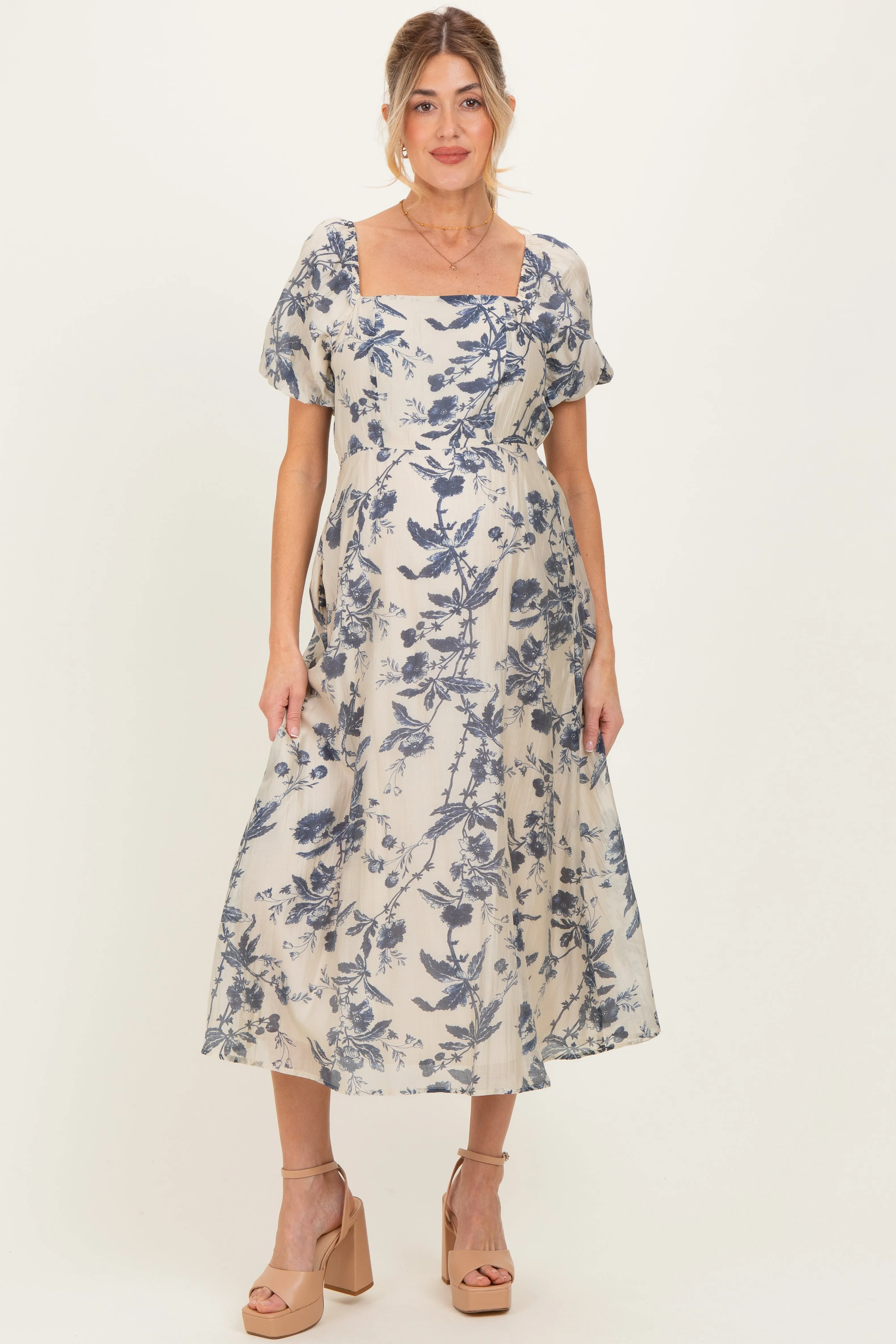 Navy Blue Floral Square Neck Puff Sleeve Maternity Midi Dress sold by Pinkblush product image thumbnail 2