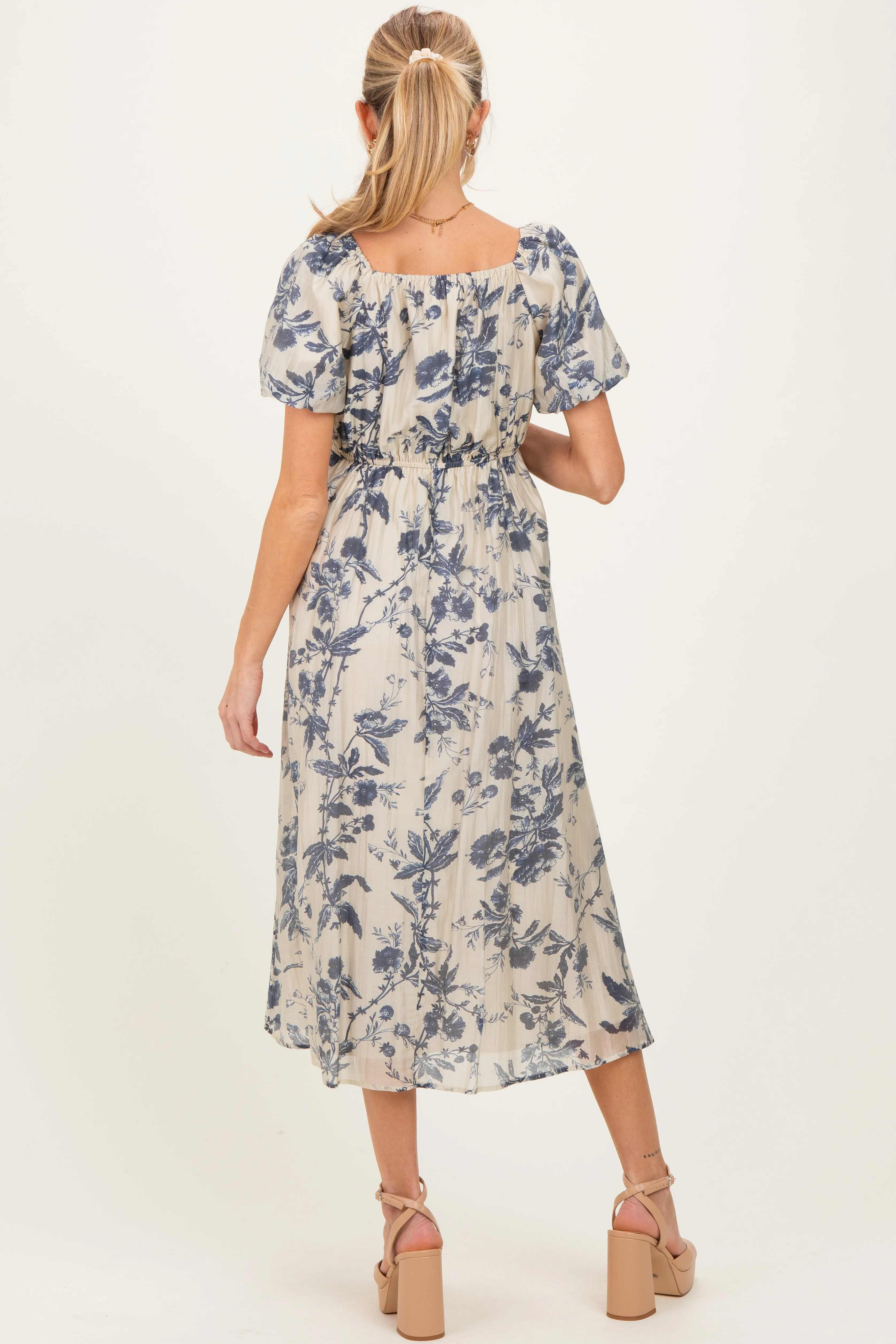 Navy Blue Floral Square Neck Puff Sleeve Maternity Midi Dress sold by Pinkblush product image thumbnail 4