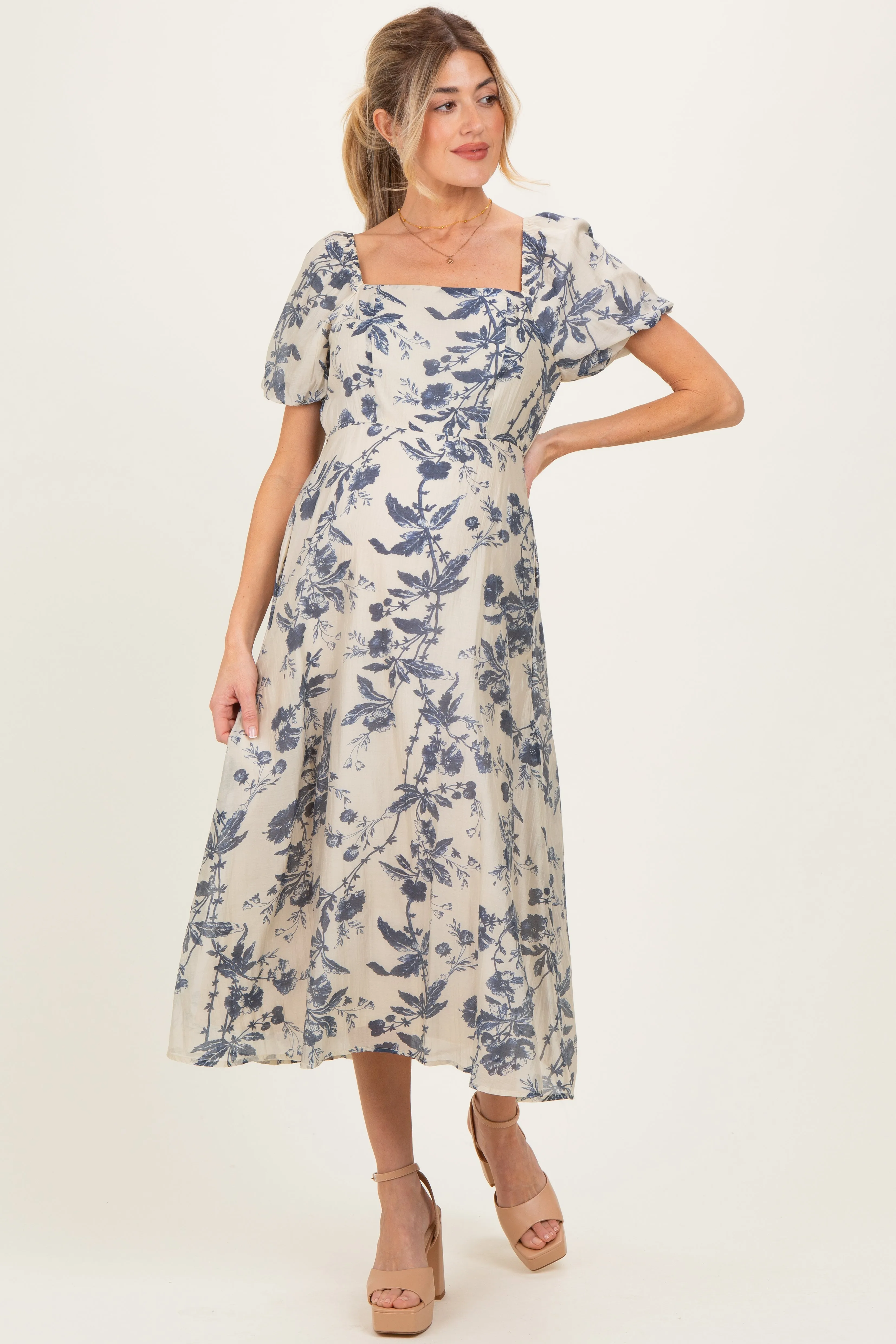 Navy Blue Floral Square Neck Puff Sleeve Maternity Midi Dress sold by Pinkblush
