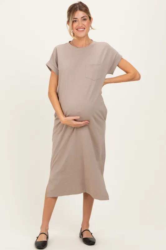 Beige Pocket Front Maternity Midi T-Shirt Dress made by Zenana Outfitters